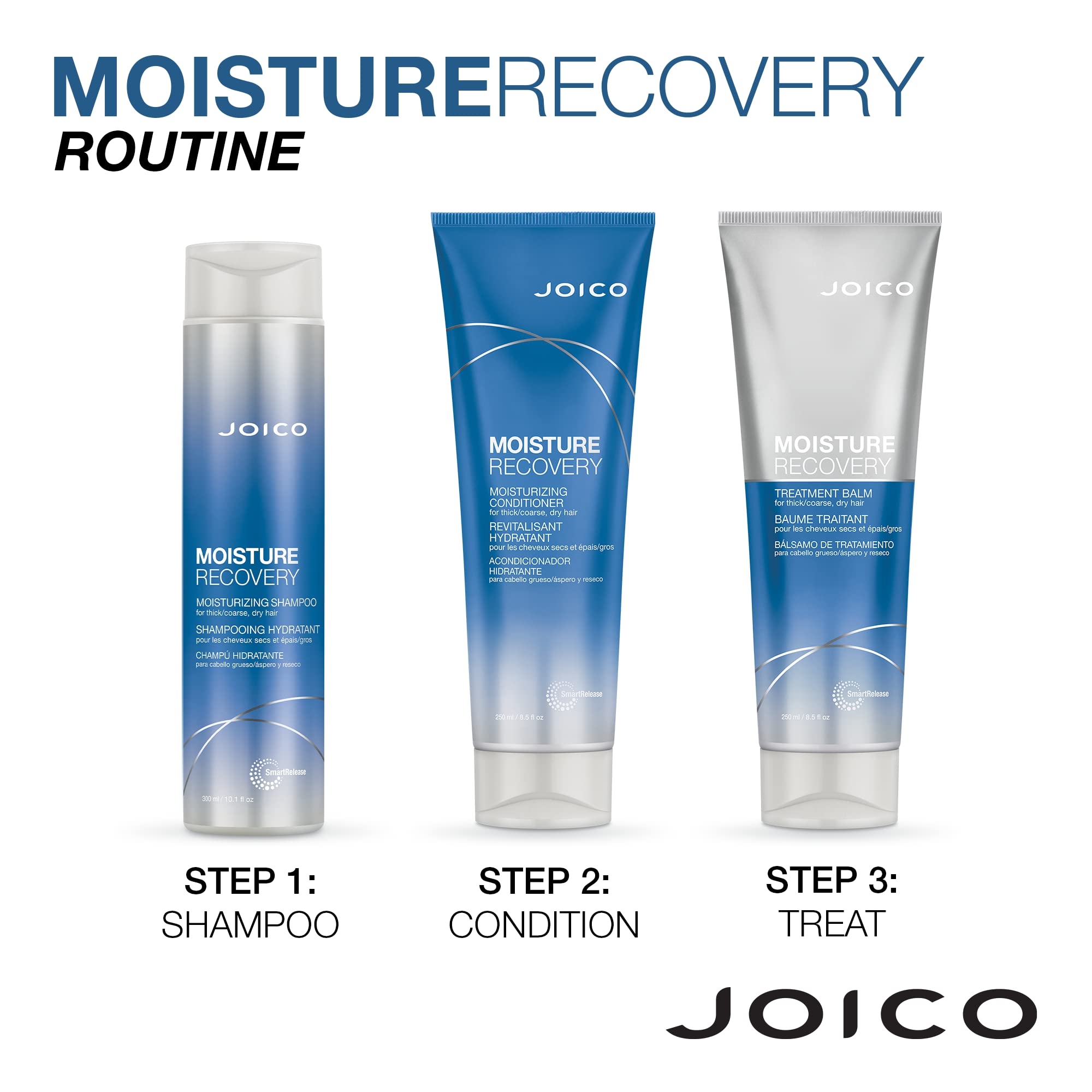 Joico Moisture Recovery shiny hair close-up with hydrated look.