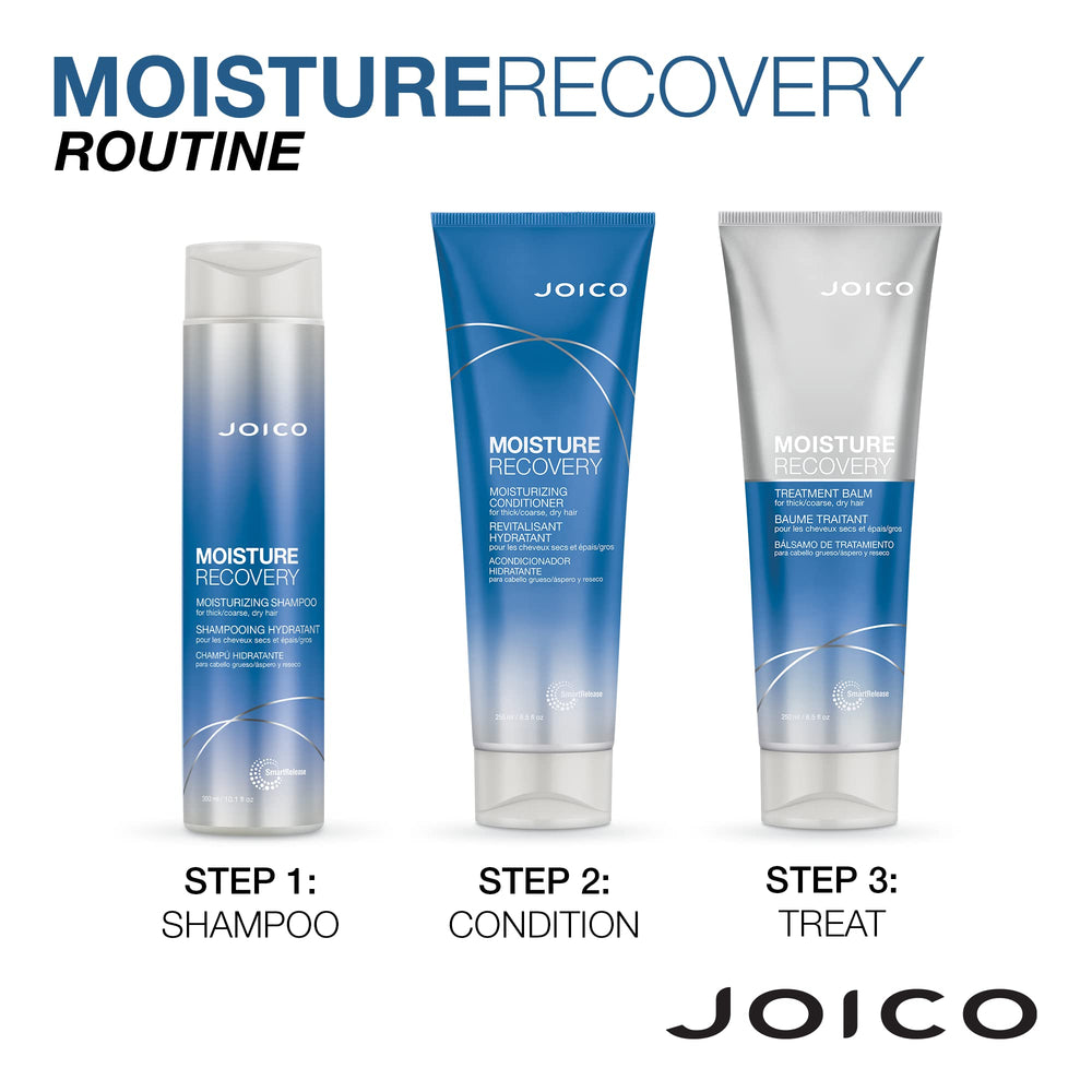 Joico Moisture Recovery shiny hair close-up with hydrated look.