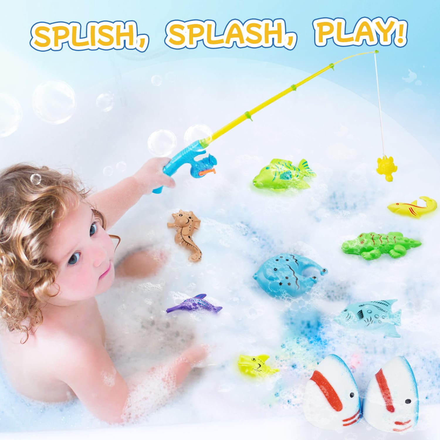 JOI MEW shark bath bombs with fishing toys – bath-time adventure and discovery.
