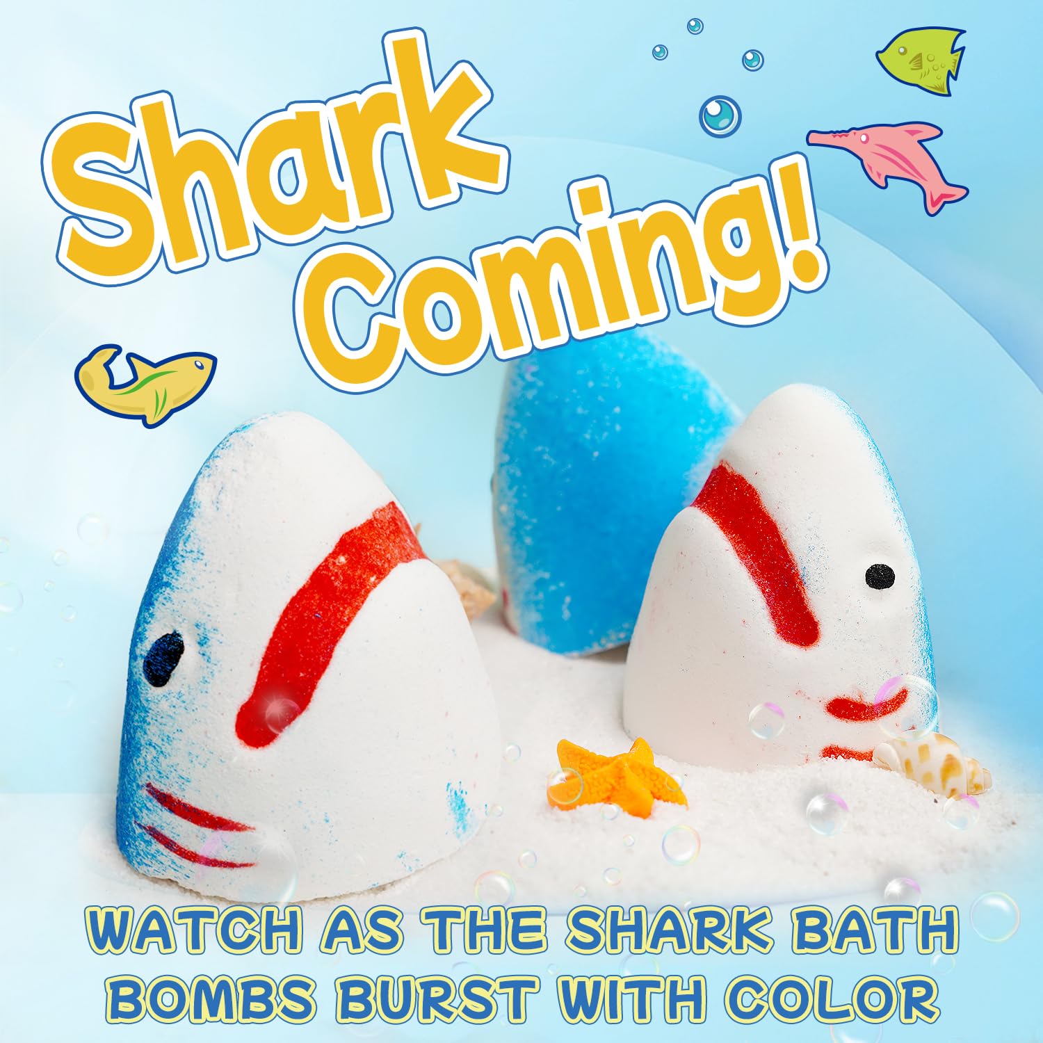 JOI MEW shark-shaped bath bombs – fizzing colors swirl during tub play.