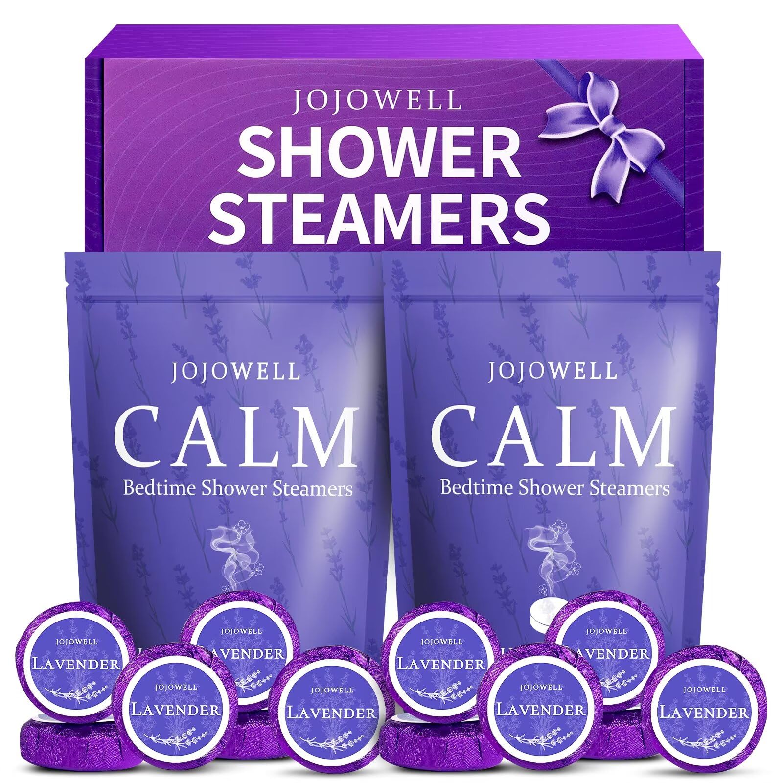 JoJowell lavender shower steamer pack on bathroom shelf for relaxing aromatherapy.