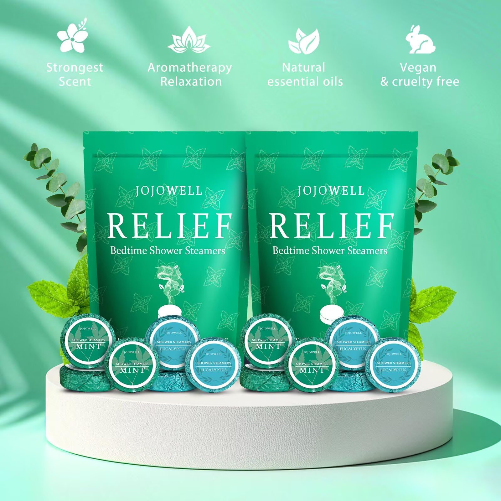 JoJowell mint shower steamer highlighting natural essential oils for relaxation and nasal comfort.