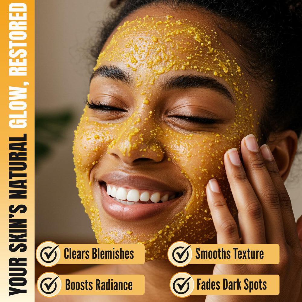 Joli Noir sugar scrub texture on hand highlights gentle exfoliation for radiant skin.