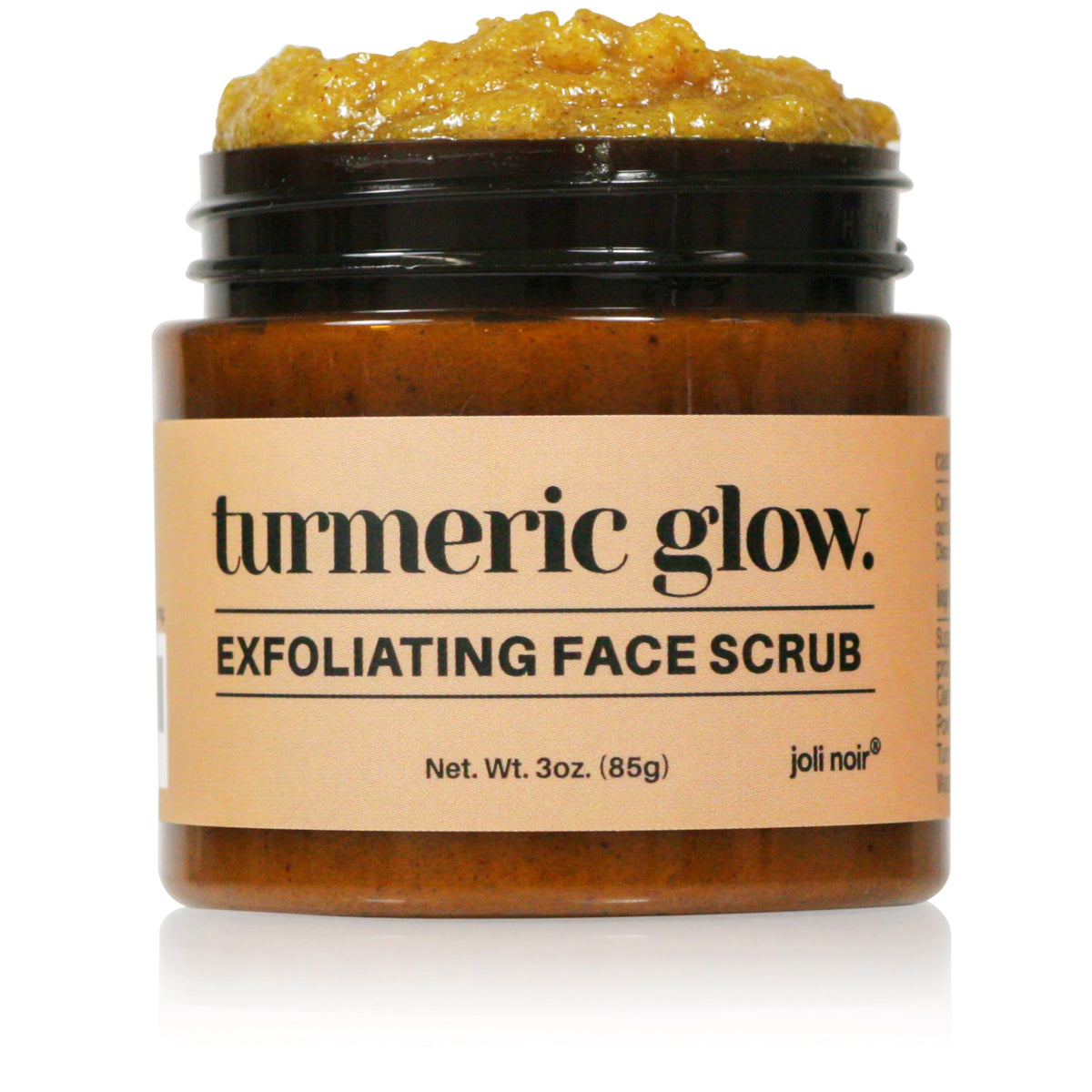 Joli Noir Turmeric Honey Sugar Scrub jar closeup shows premium ingredients for fragrance-sensitive skin.