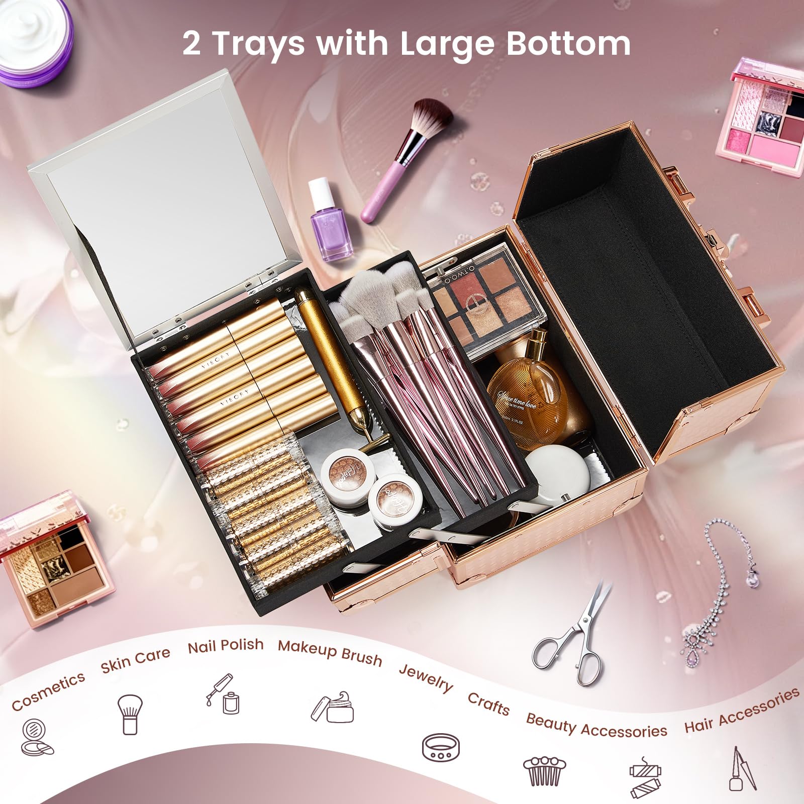 Joligrace extendable two-tier trays reveal spacious compartments for cosmetics.