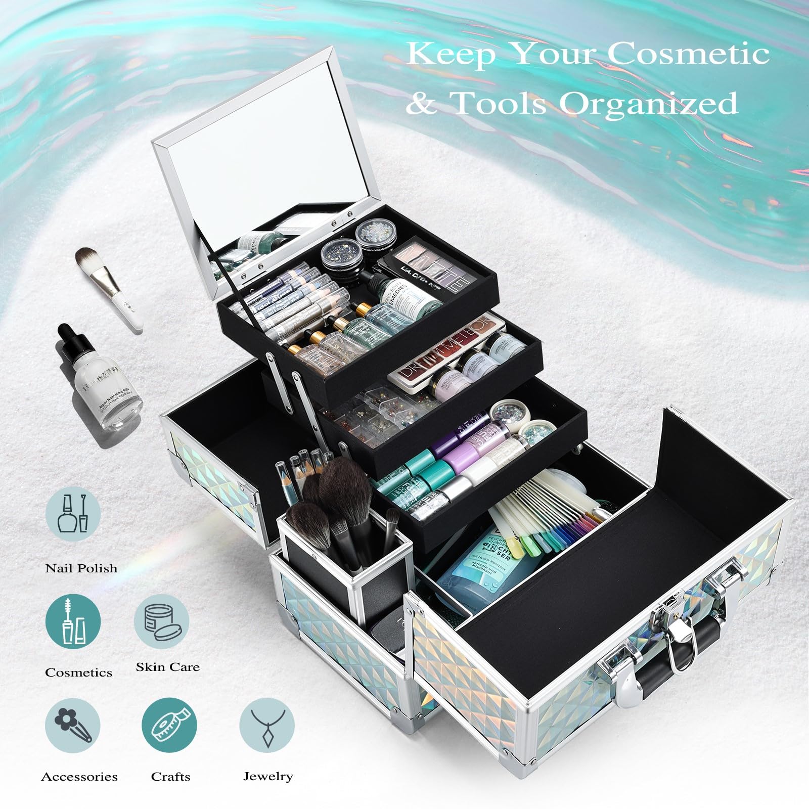 Joligrace makeup box 11.6 inch dimensions show generous storage for palettes and tools.