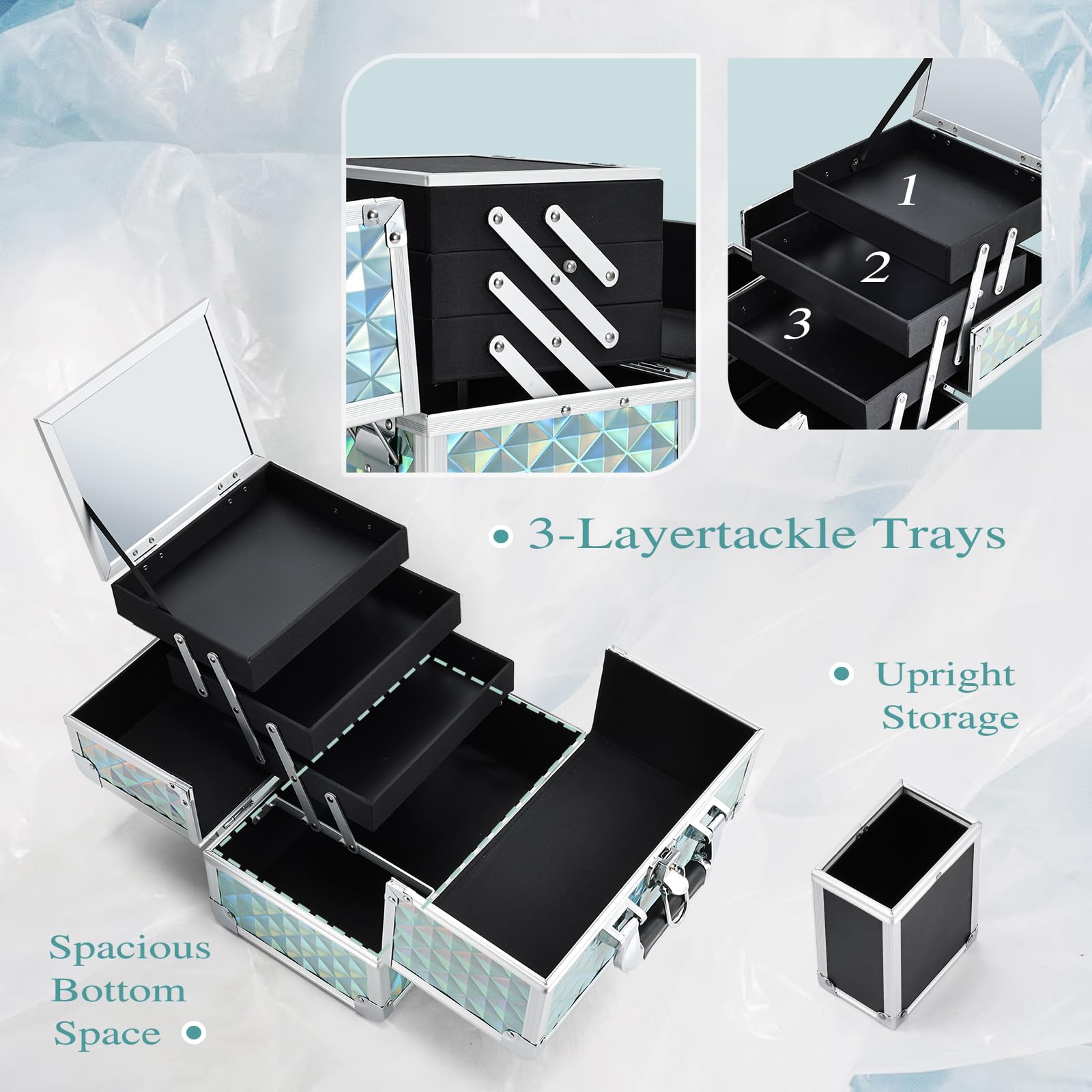 Joligrace makeup box top tray mirror enables quick touch ups on the go.