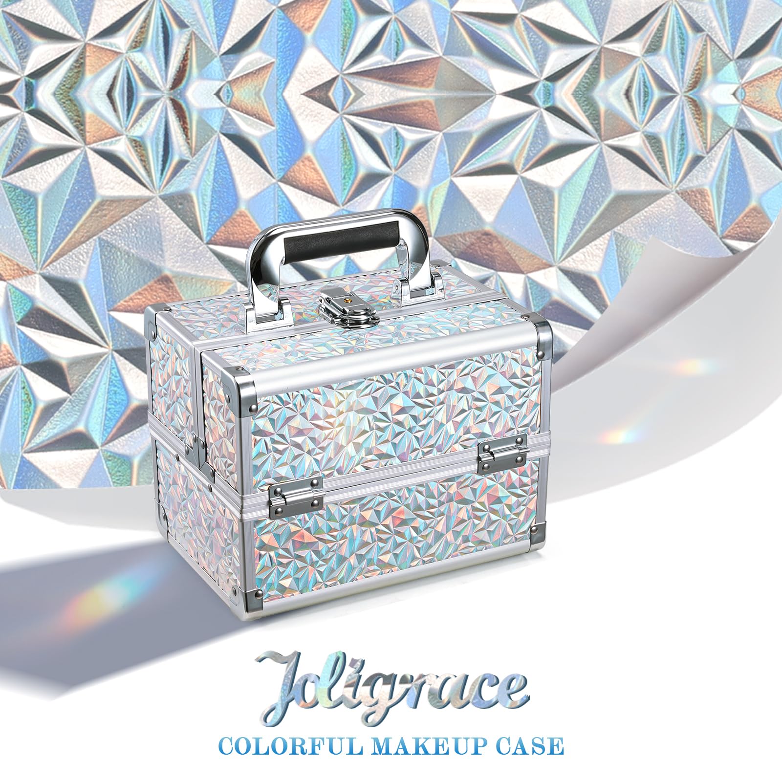 Joligrace makeup case with mirror-top tray enables quick makeup checks.