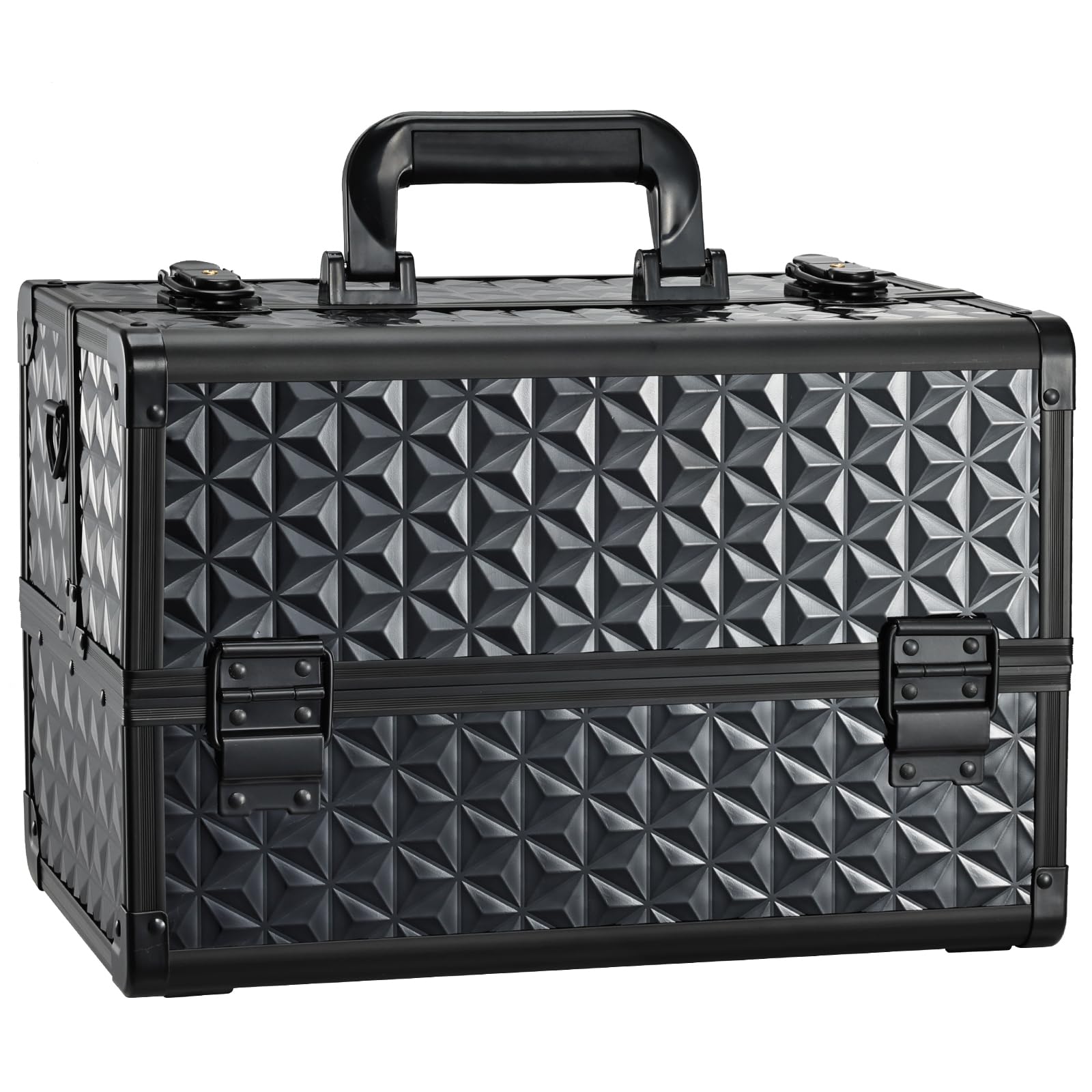 Joligrace Makeup Train Case front view highlights aluminum construction and style