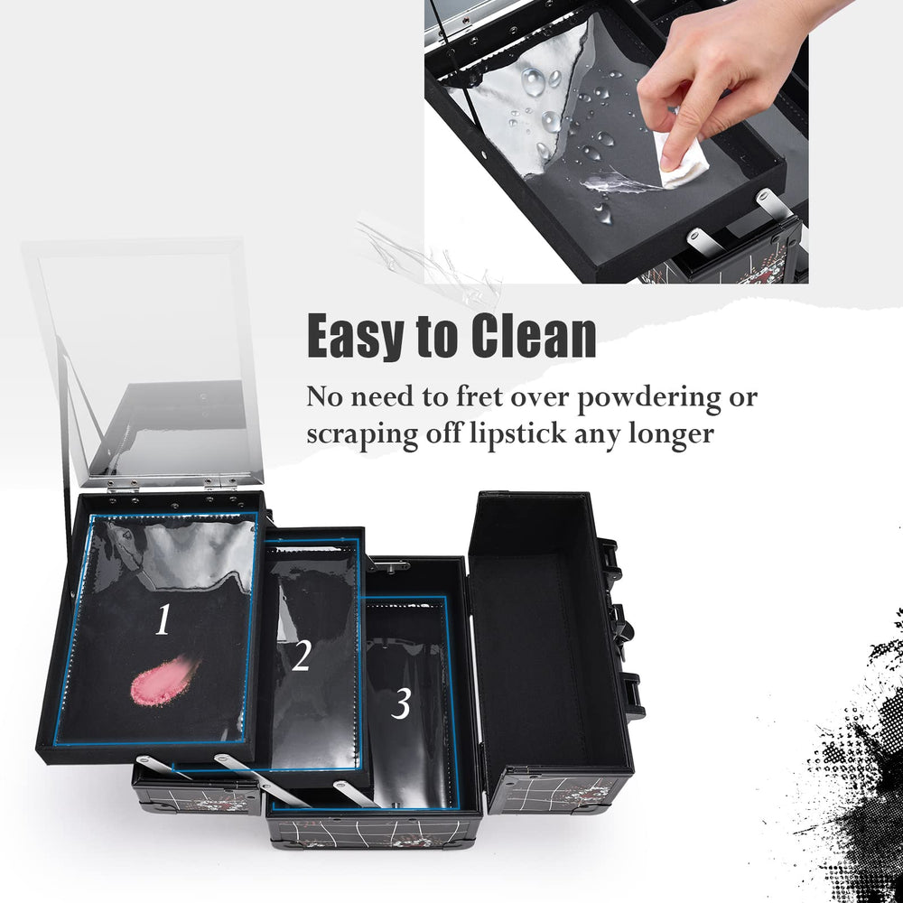 Joligrace makeup train case bottom storage holds palettes and bottles efficiently.