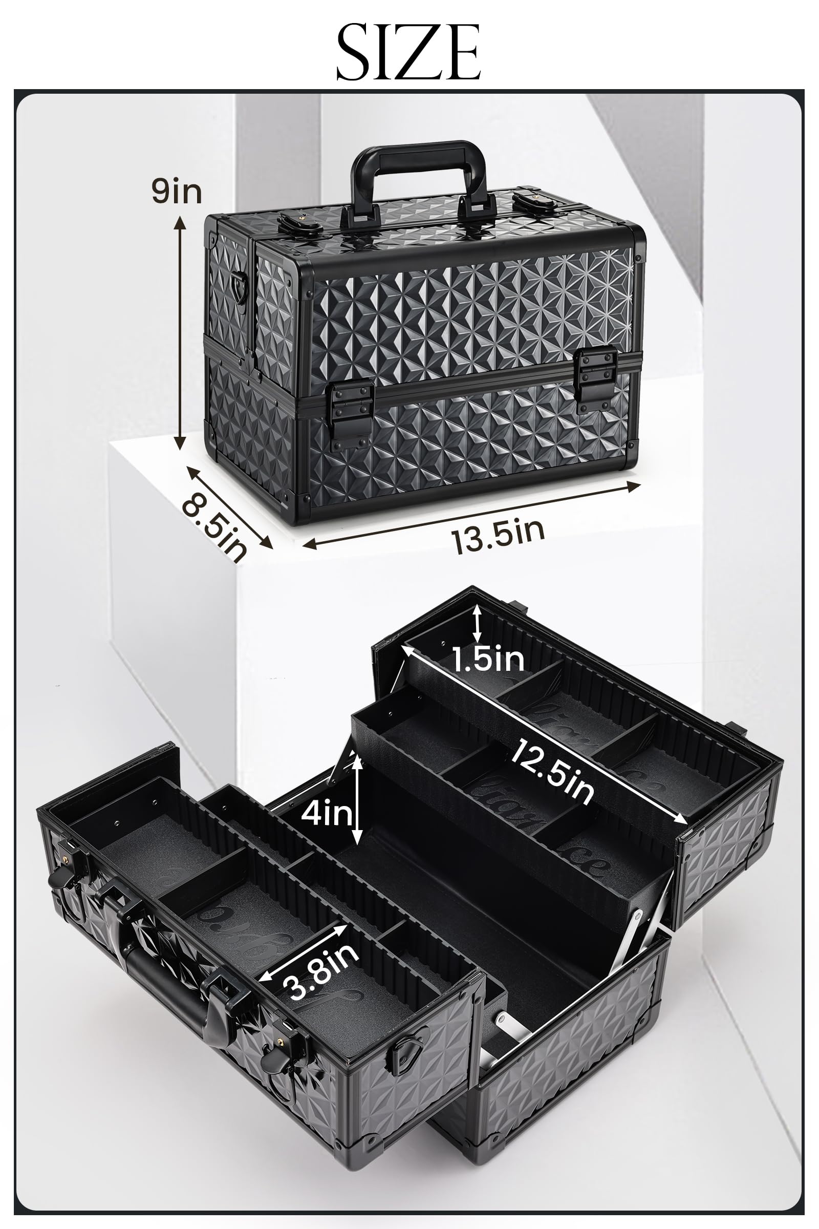 Joligrace Makeup Train Case dimensions 13.5x9x8.5 inches for travelers