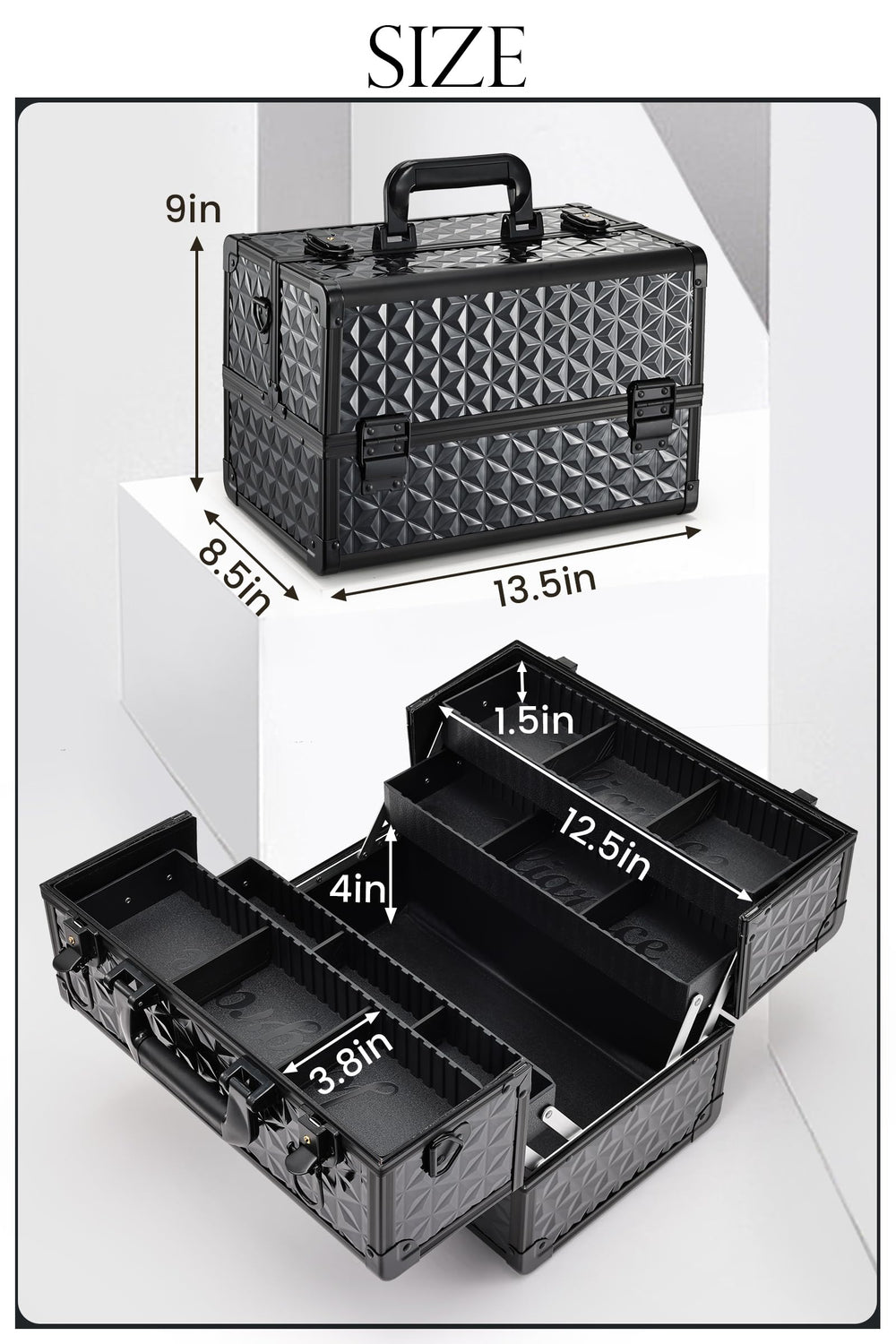 Joligrace Makeup Train Case dimensions 13.5x9x8.5 inches for travelers