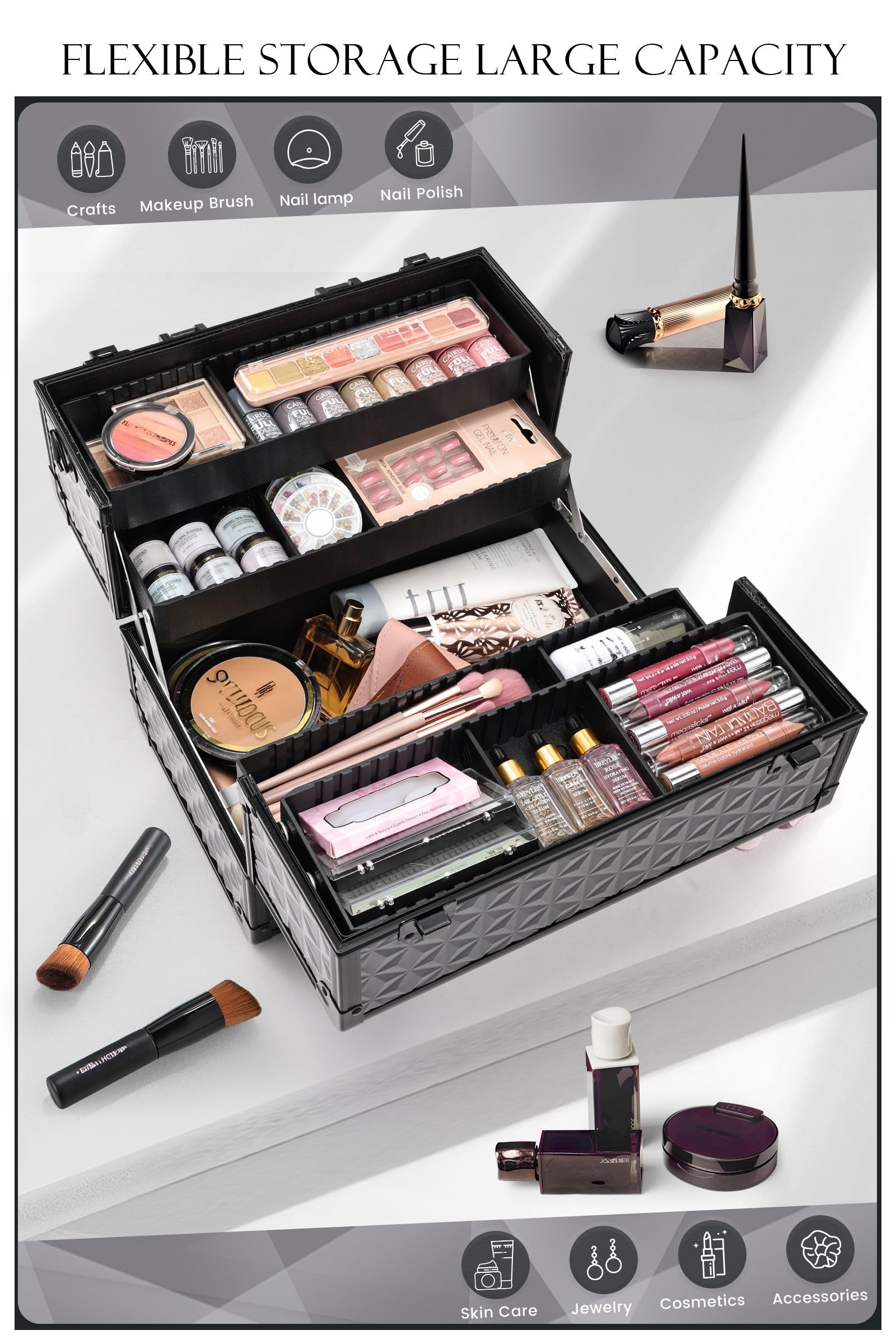 Joligrace Makeup Train Case interior with trays showcases organized storage