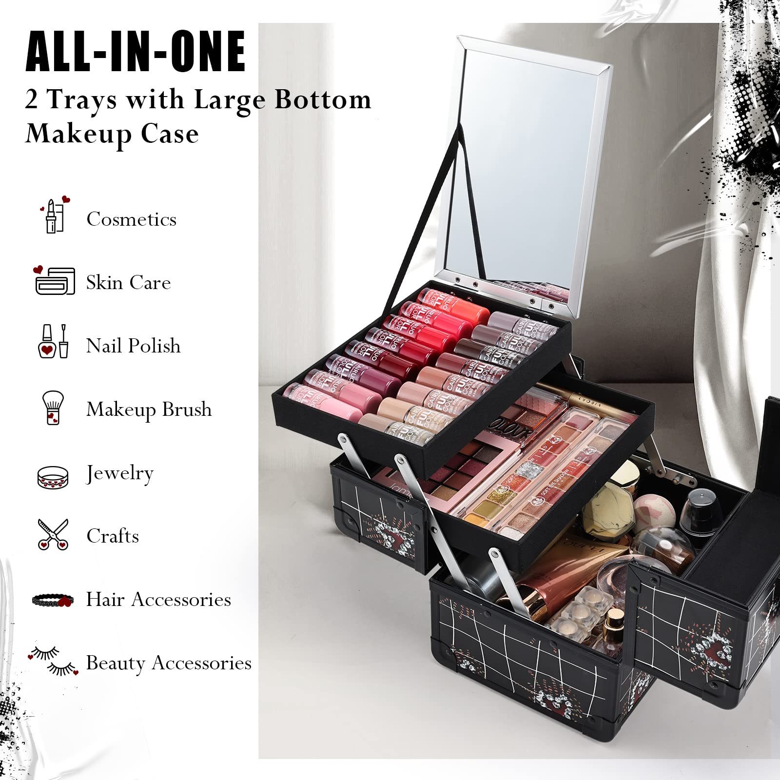 Joligrace makeup train case mirror demonstrates quick check while styling at a station.