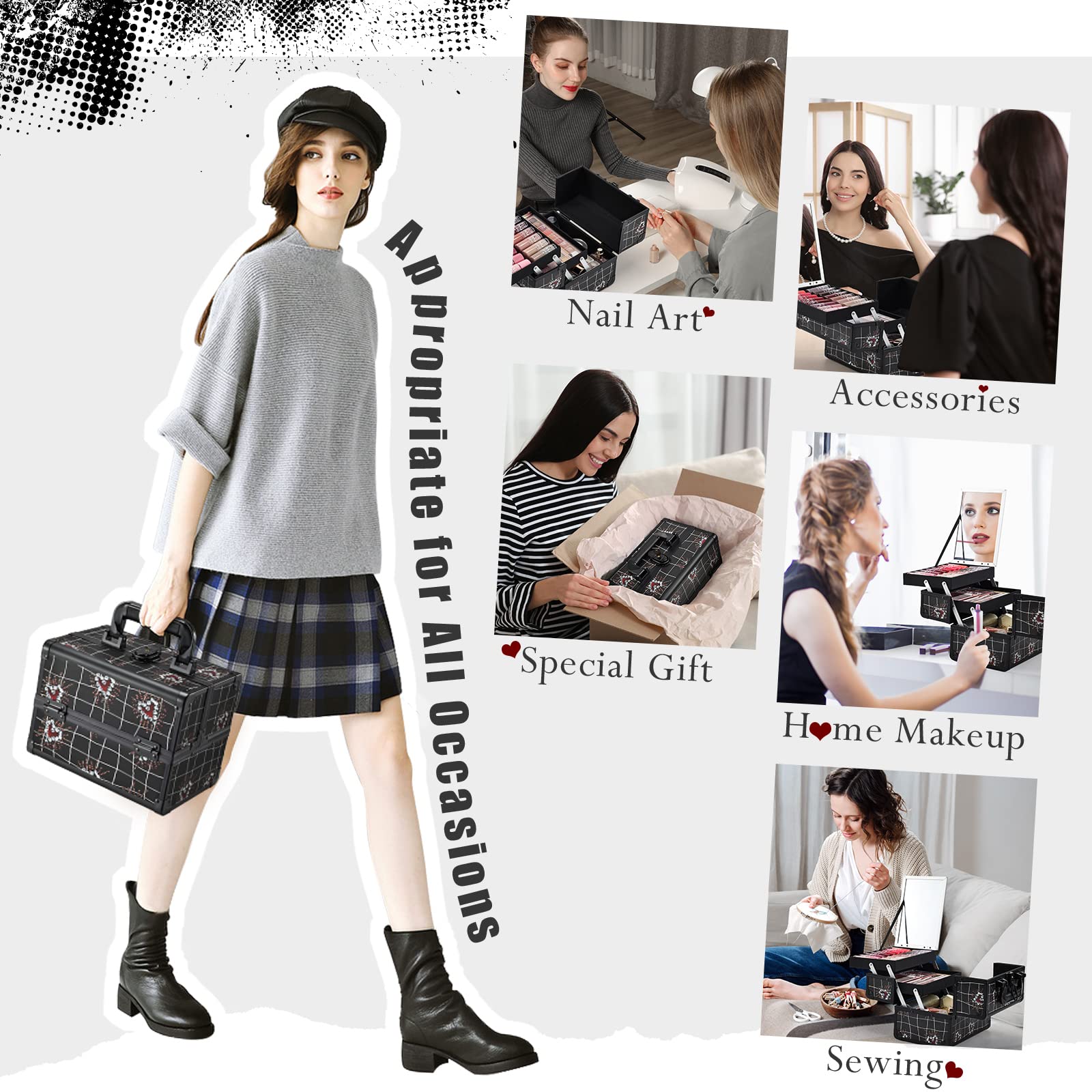 Joligrace makeup train case waterproof surface protects cosmetics from spills during travel.