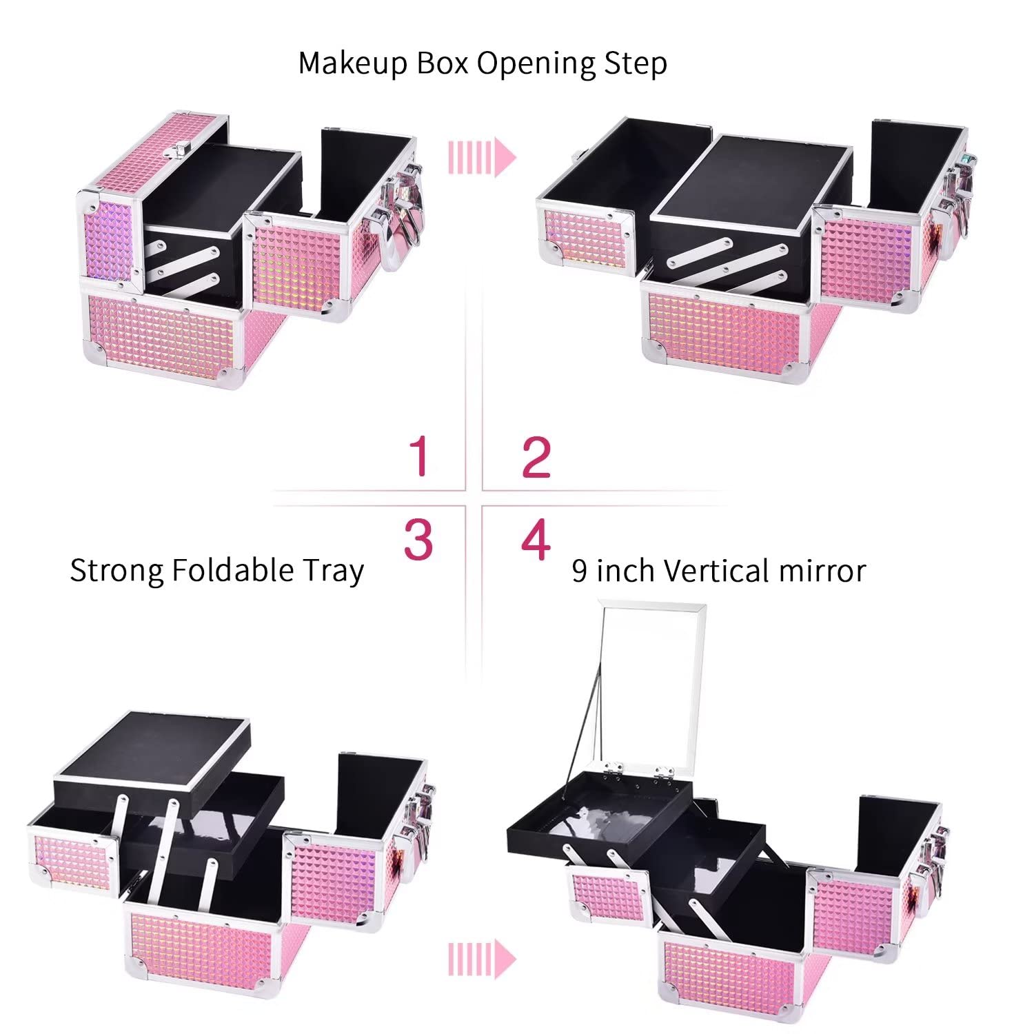 Joligrace Mermaid Pink makeup-train-case-lightweight-handle enables easy carry.