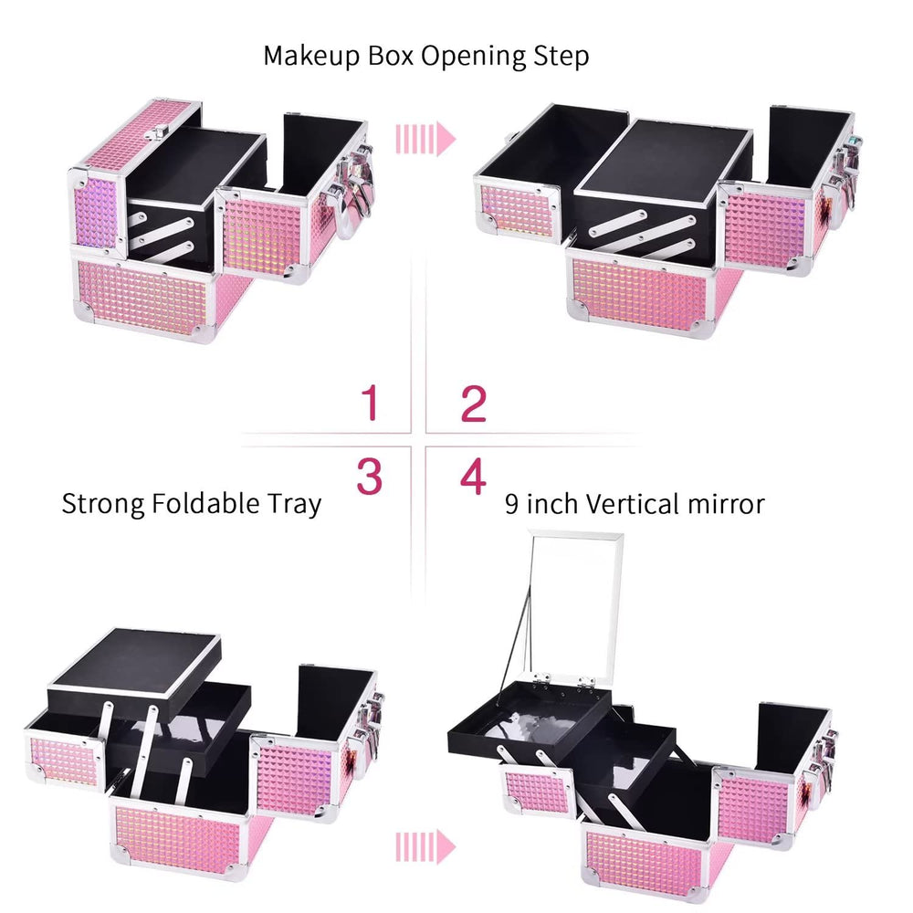 Joligrace Mermaid Pink makeup-train-case-lightweight-handle enables easy carry.