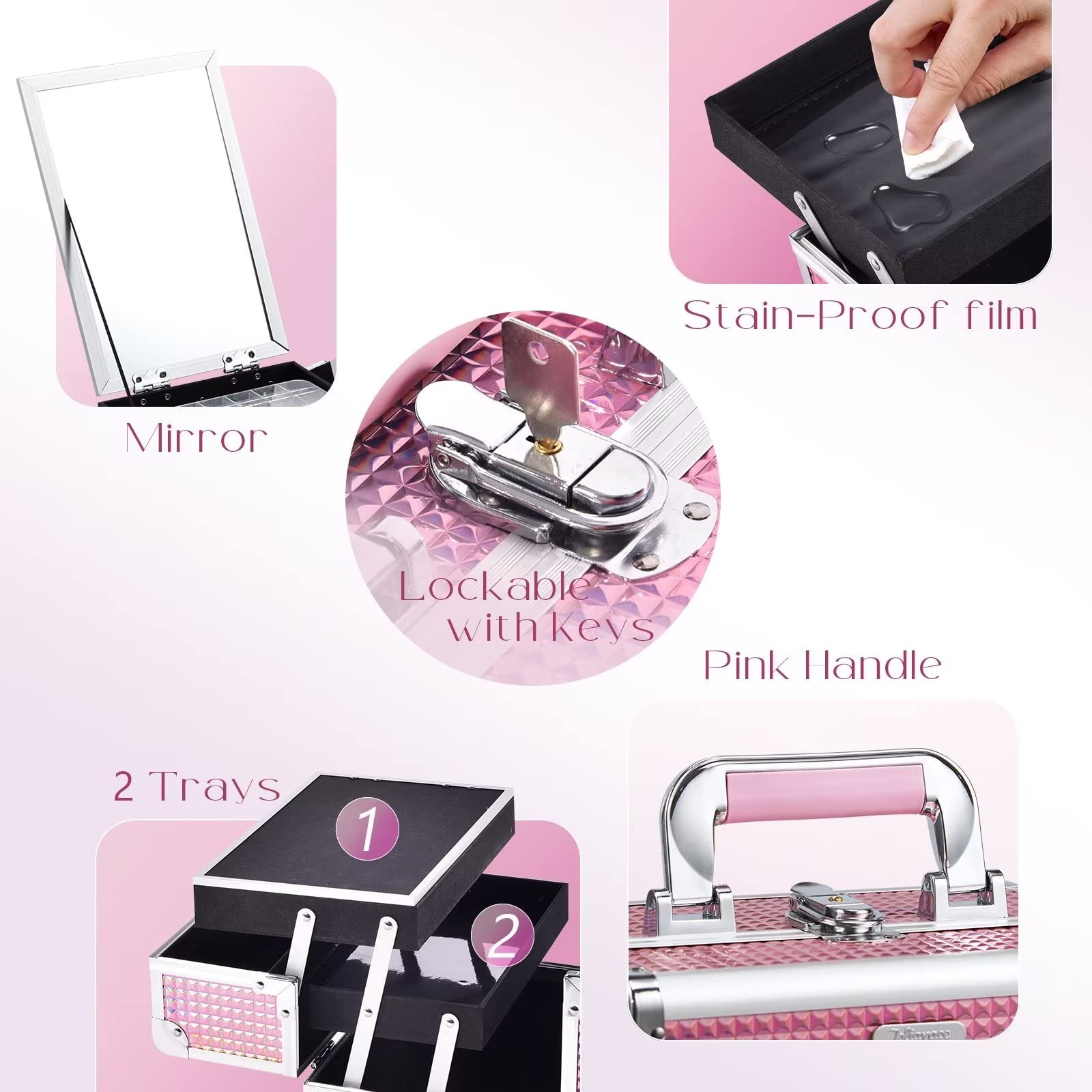 Joligrace Mermaid Pink makeup-train-case-lock keeps valuables secure during travel.