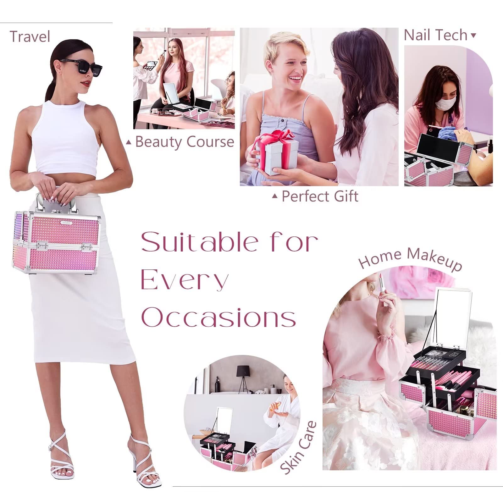 Joligrace Mermaid Pink makeup-train-case-mirror-top for quick prep.