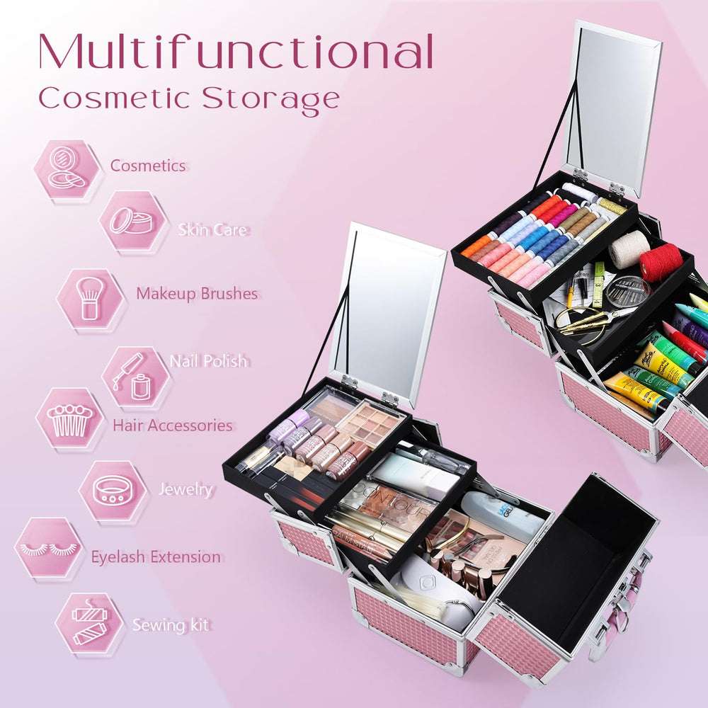Joligrace Mermaid Pink makeup-train-case-trays extended for organized cosmetics.