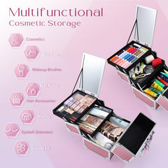 Joligrace Mermaid Pink makeup-train-case-trays extended for organized cosmetics.