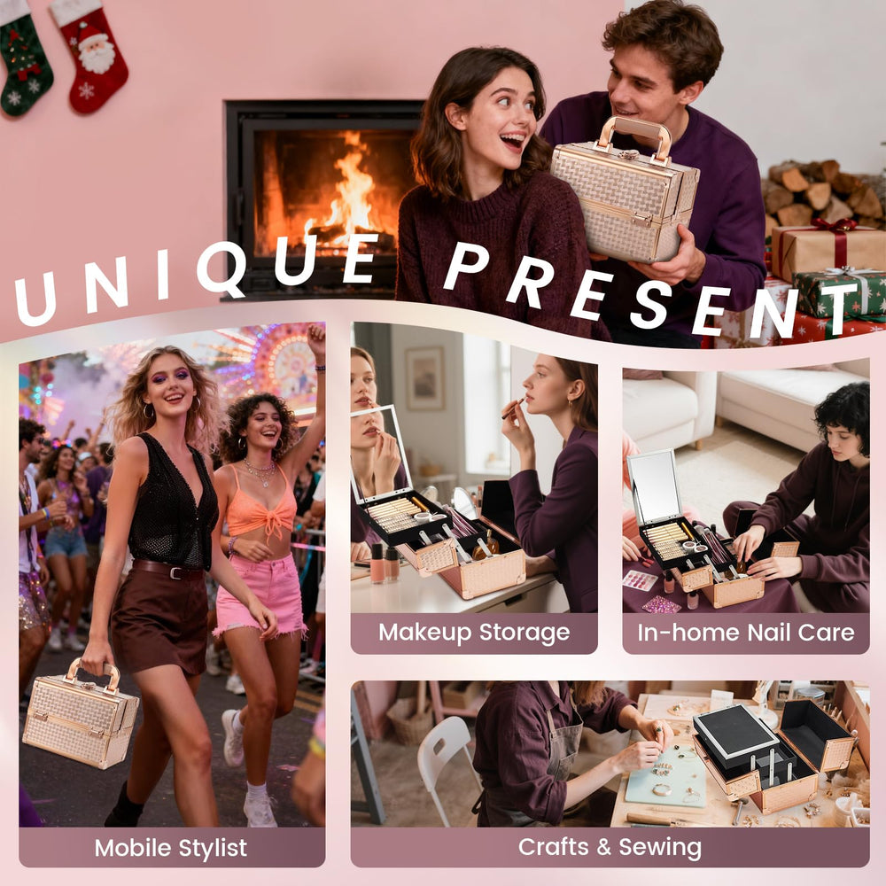 Joligrace makeup train case open showing built-in mirror and organized compartments.