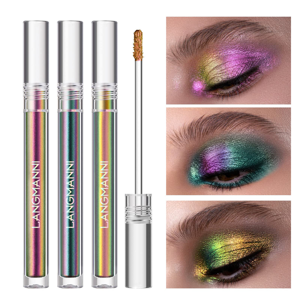 Jolilab Metallic Liquid Chameleon Eyeshadow Peacock closeup shows long-lasting holographic shine.