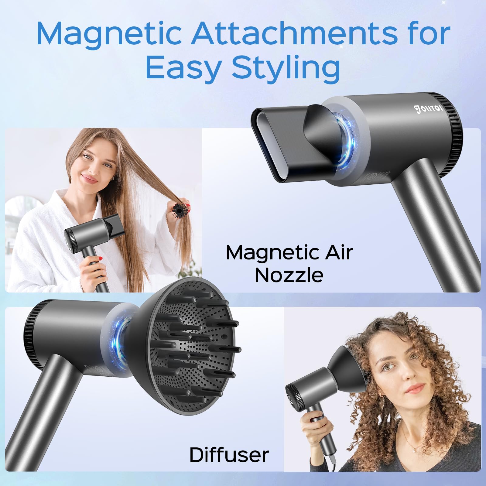 Jolitoi diffuser attachment defines curls while drying evenly for lasting bounce.