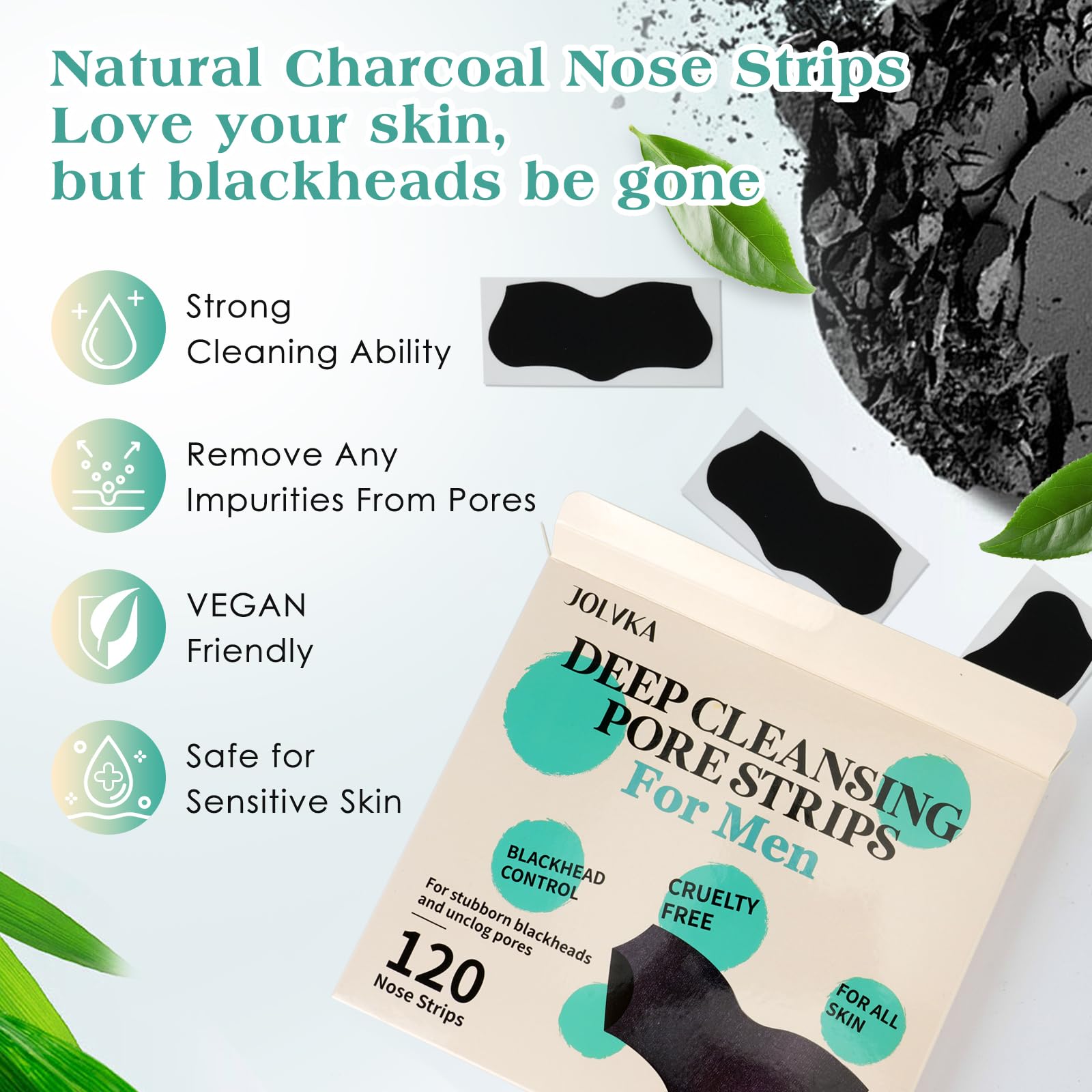 JOLVKA charcoal nose strips application scene highlights quick 15-minute pore purification.