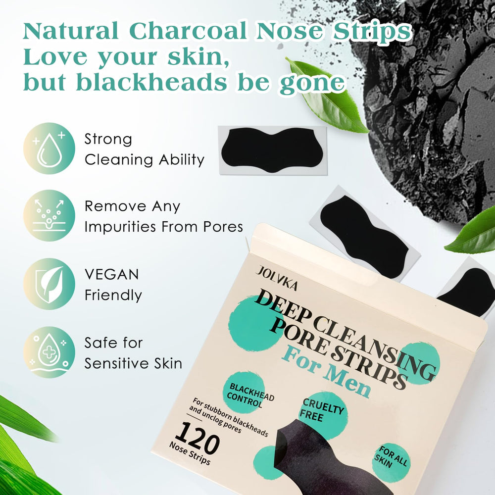 JOLVKA charcoal nose strips application scene highlights quick 15-minute pore purification.