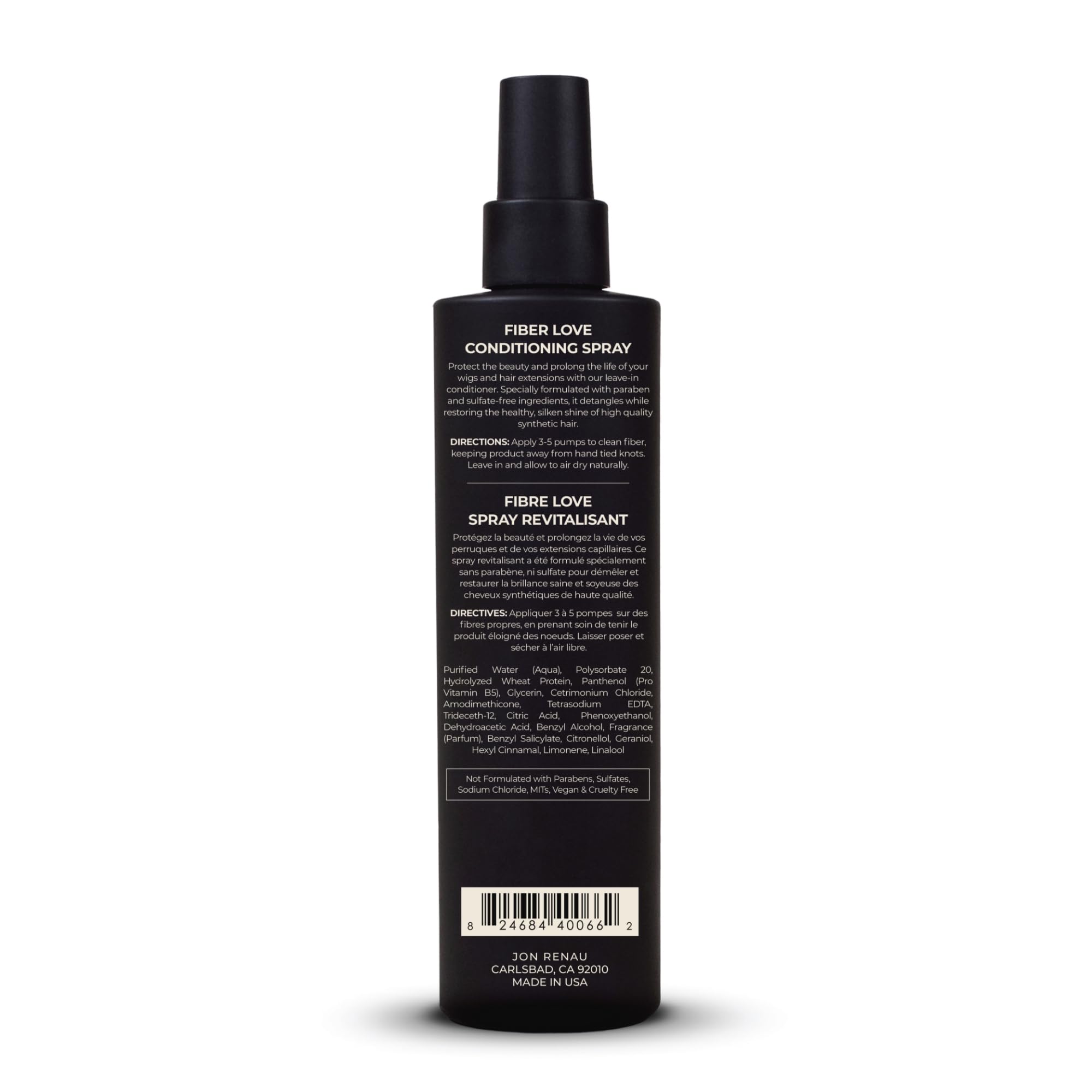 Jon Renau Fiber Love bottle label detail highlighting paraben-free and sulfate-free formula.