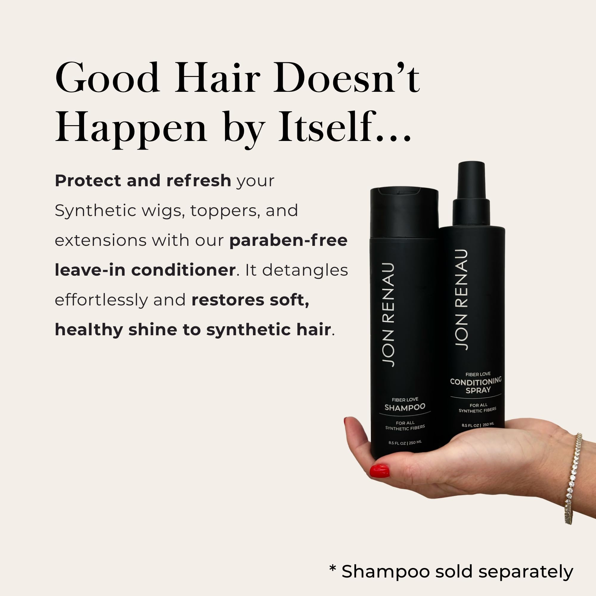 Jon Renau Fiber Love pump action showing easy, even application on synthetic wigs.