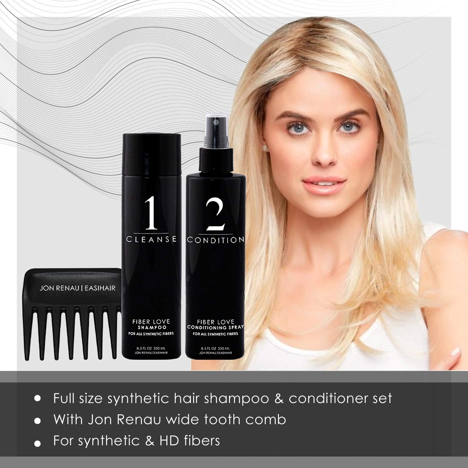 Jon Renau synthetic hair conditioner bottle nourishes fibers for softness