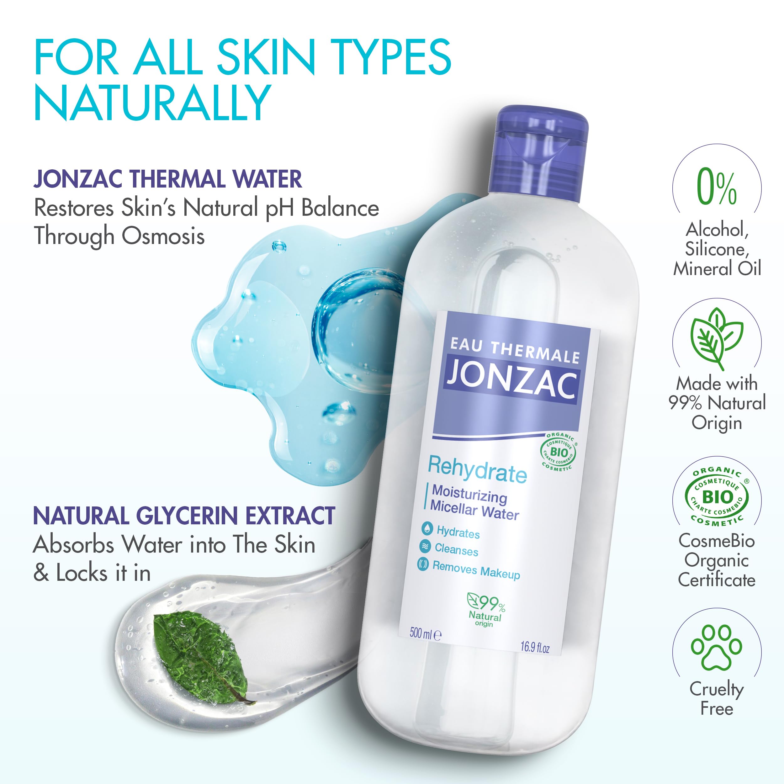 JONZAC 99% Organic Micellar Water label emphasizes natural ingredients and sensitive-skin friendly formula