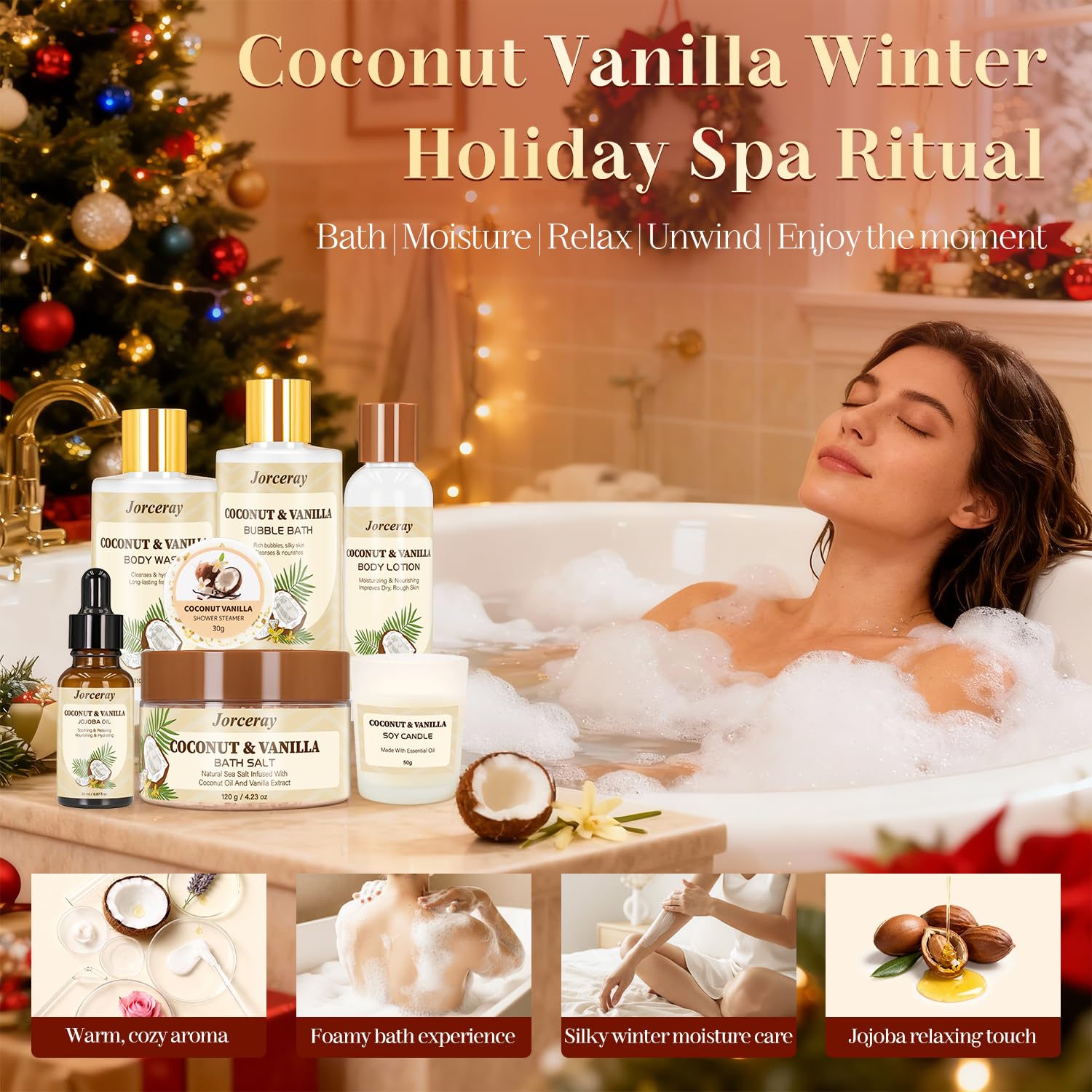 Jorceray body wash, bubble bath, and lotion soothe and hydrate dry skin.
