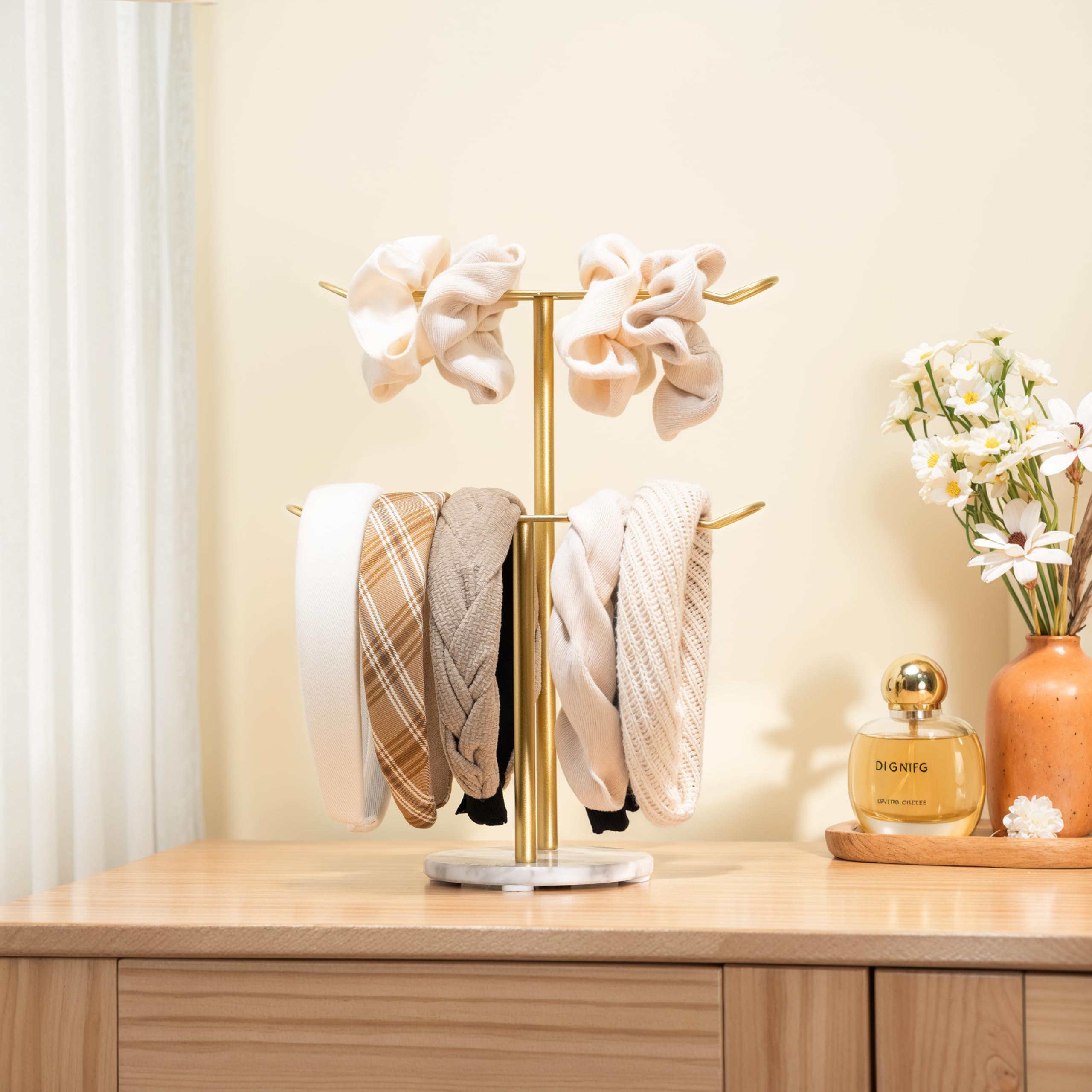 Josmimic easy-assembly-hair-stand-gold allows quick setup on any vanity or dresser