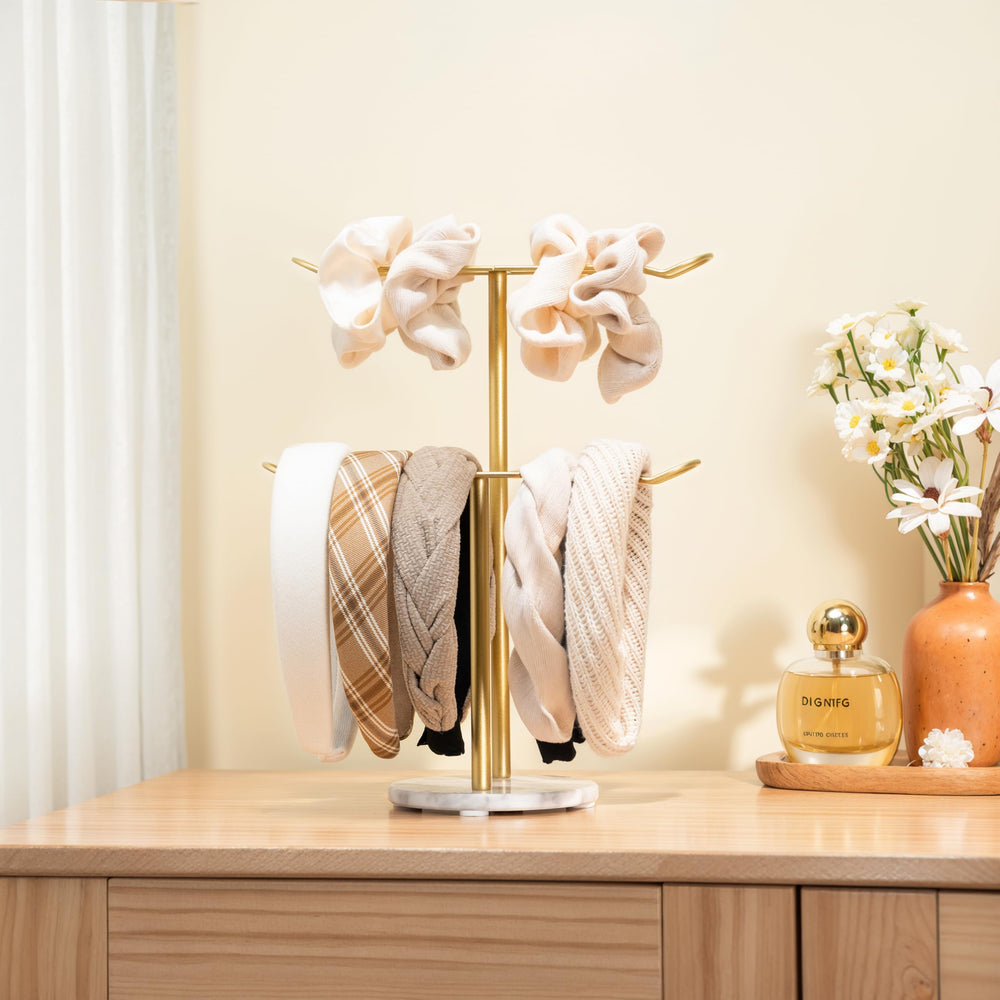 Josmimic easy-assembly-hair-stand-gold allows quick setup on any vanity or dresser