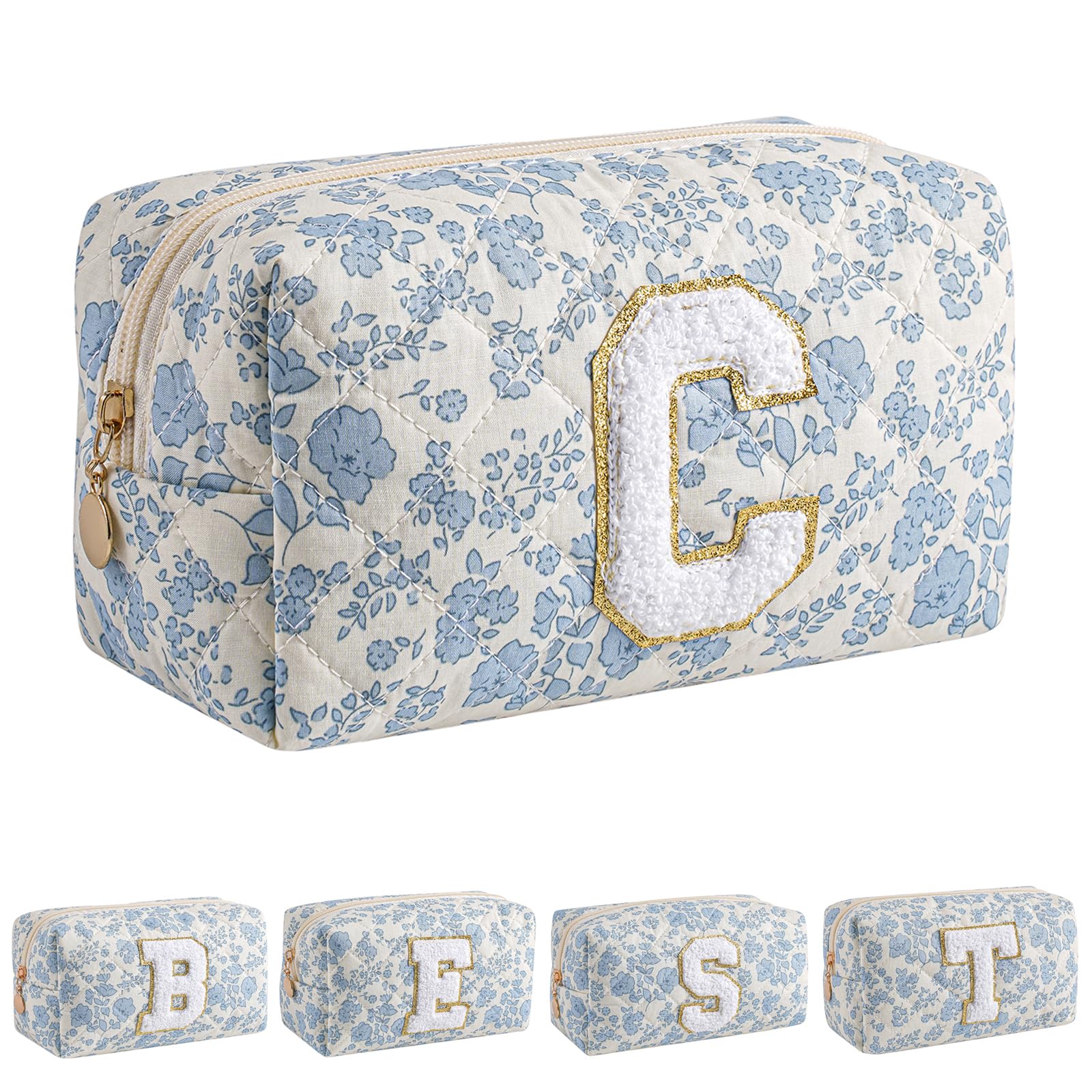 JOVAKIT Alphabet Makeup Bag blue floral front view for travel-ready cosmetics storage.