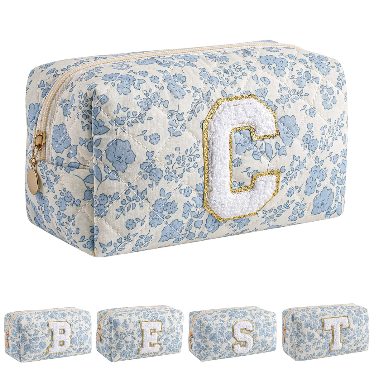 JOVAKIT Alphabet Makeup Bag blue floral front view for travel-ready cosmetics storage.
