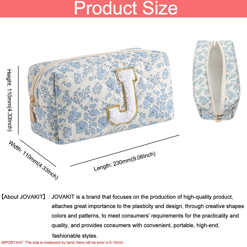 JOVAKIT Alphabet Makeup Bag blue floral interior lining highlighting durable, easy-clean material.