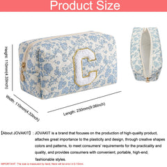 JOVAKIT Alphabet Makeup Bag blue floral interior shows ample capacity.