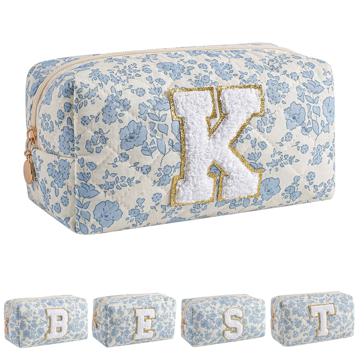 JOVAKIT Alphabet Makeup Bag Blue Floral K hero shows chic travel organizer for cosmetics