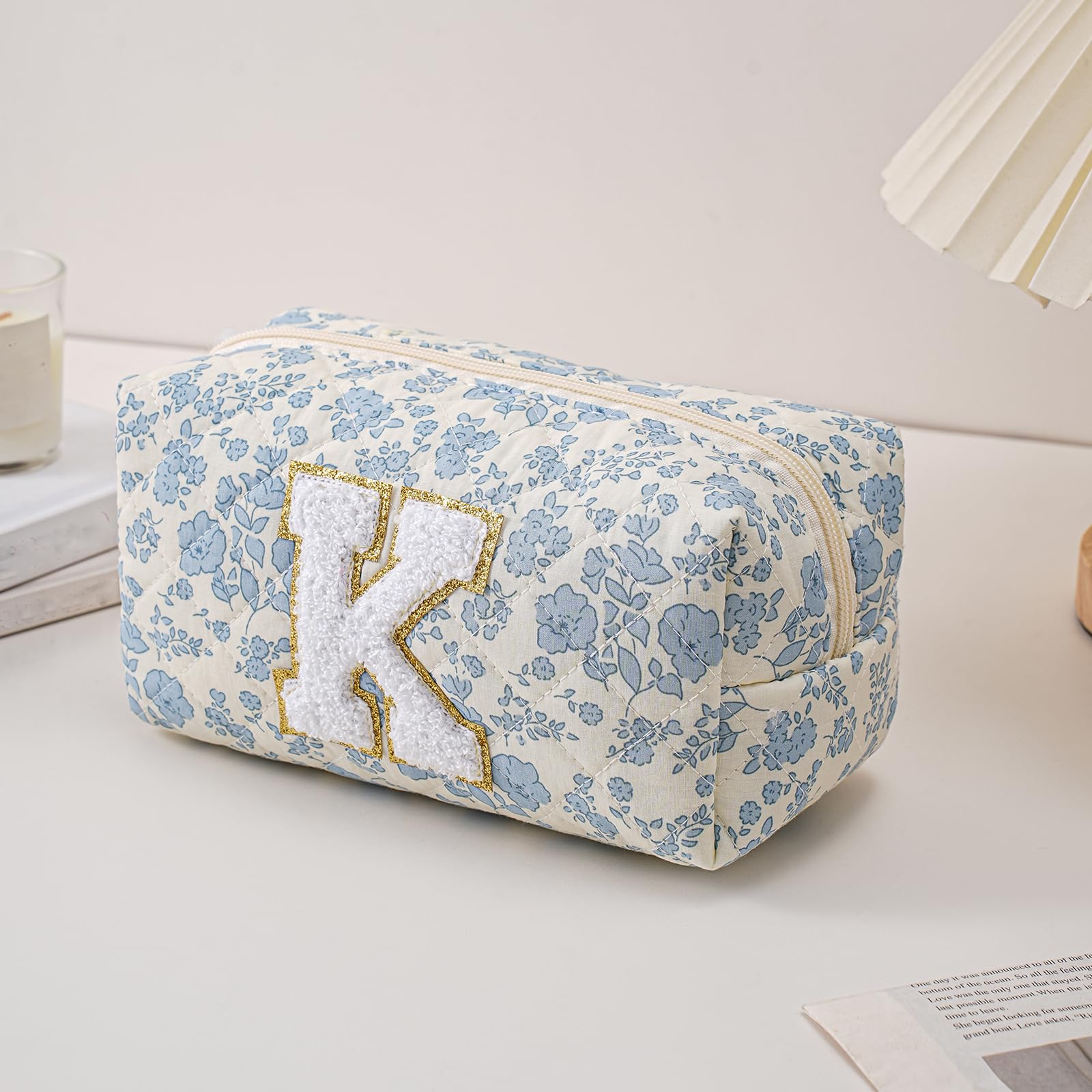 JOVAKIT Alphabet Makeup Bag Blue Floral K interior view demonstrates ample space for brushes