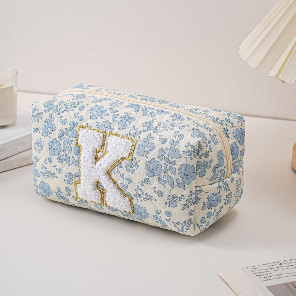 JOVAKIT Alphabet Makeup Bag Blue Floral K interior view demonstrates ample space for brushes