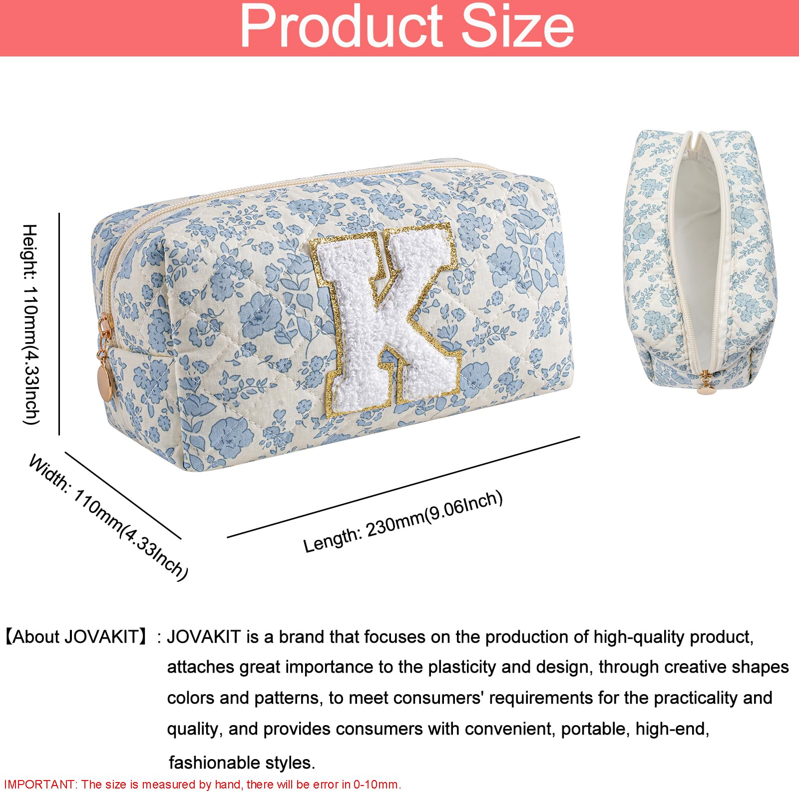 JOVAKIT Alphabet Makeup Bag Blue Floral K durable material for lightweight travel