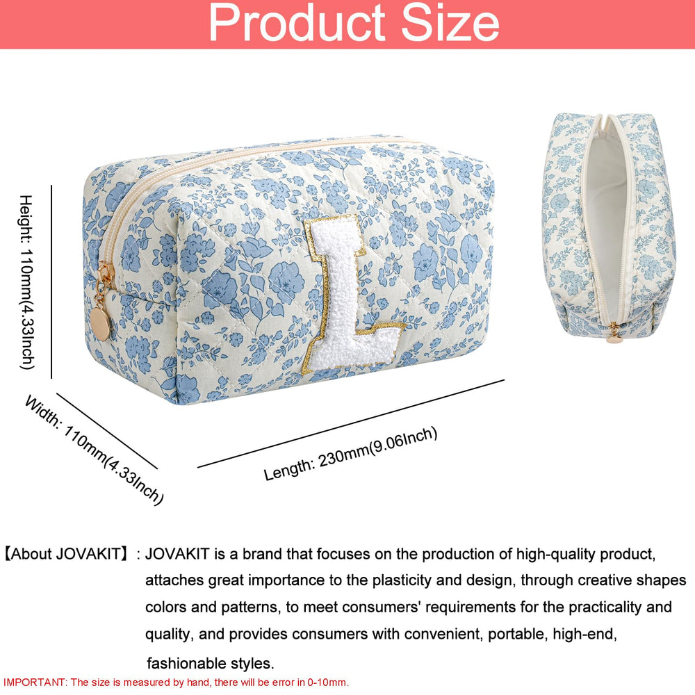 JOVAKIT Alphabet makeup bag blue floral open reveals roomy interior for brushes and tools