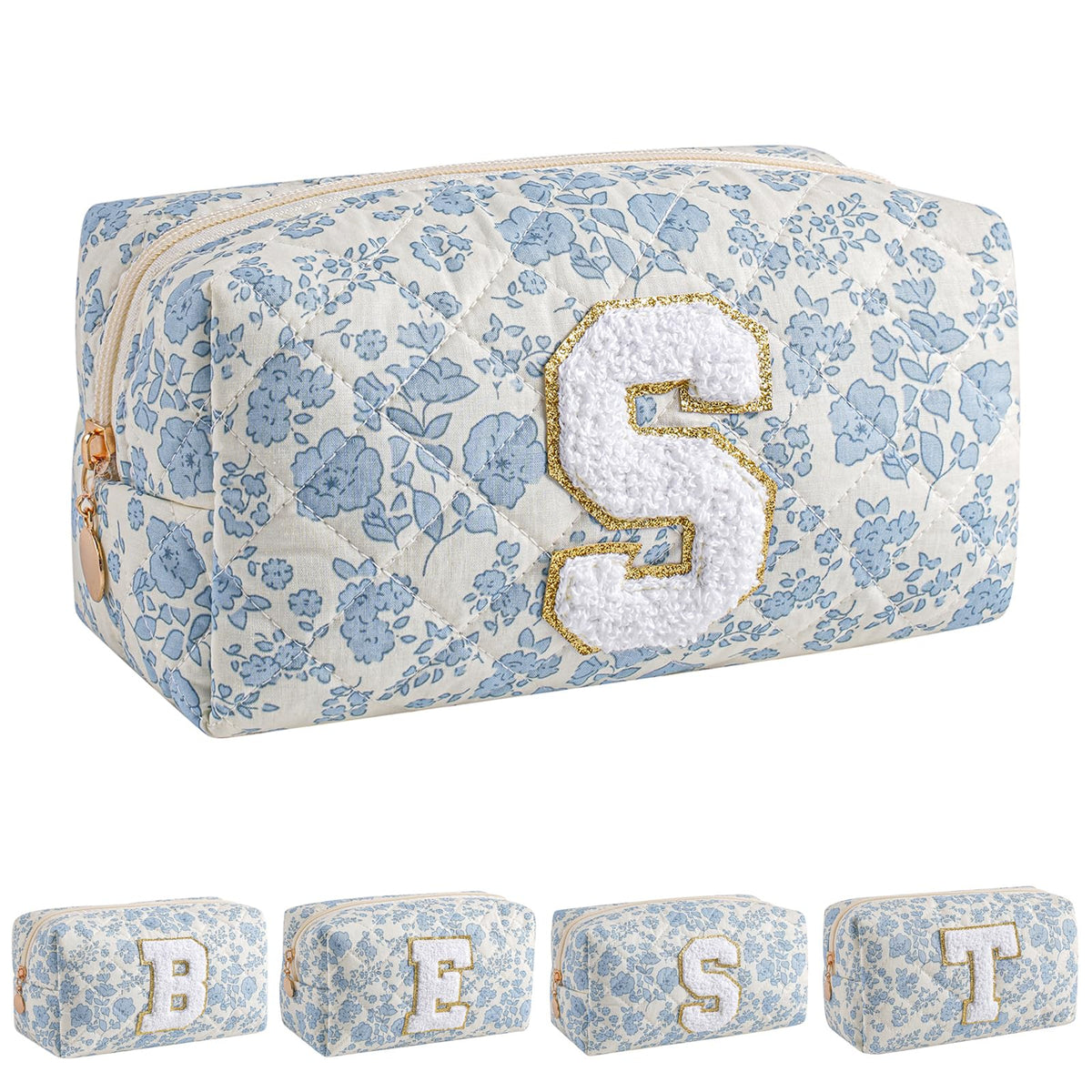 JOVAKIT Alphabet Makeup Bag in blue floral design ideal for daily cosmetics.