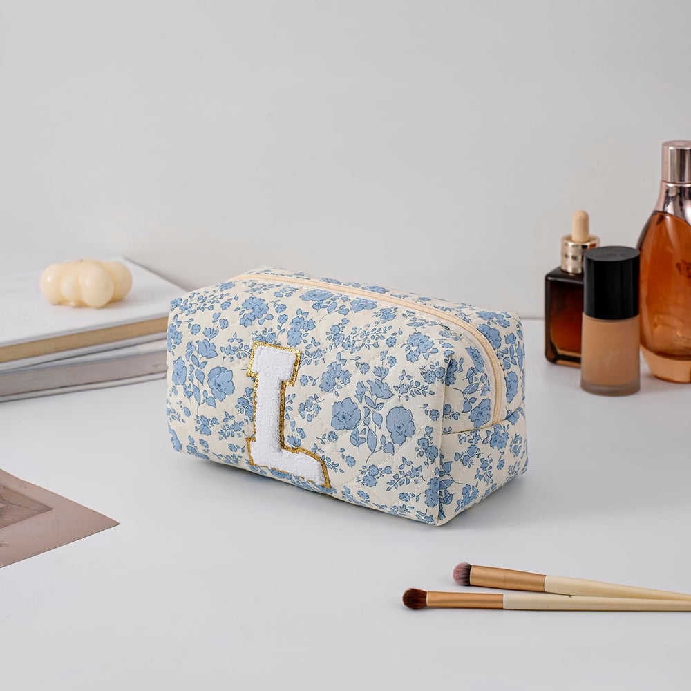 JOVAKIT Alphabet makeup bag blue floral side view showing slim profile for daily essentials