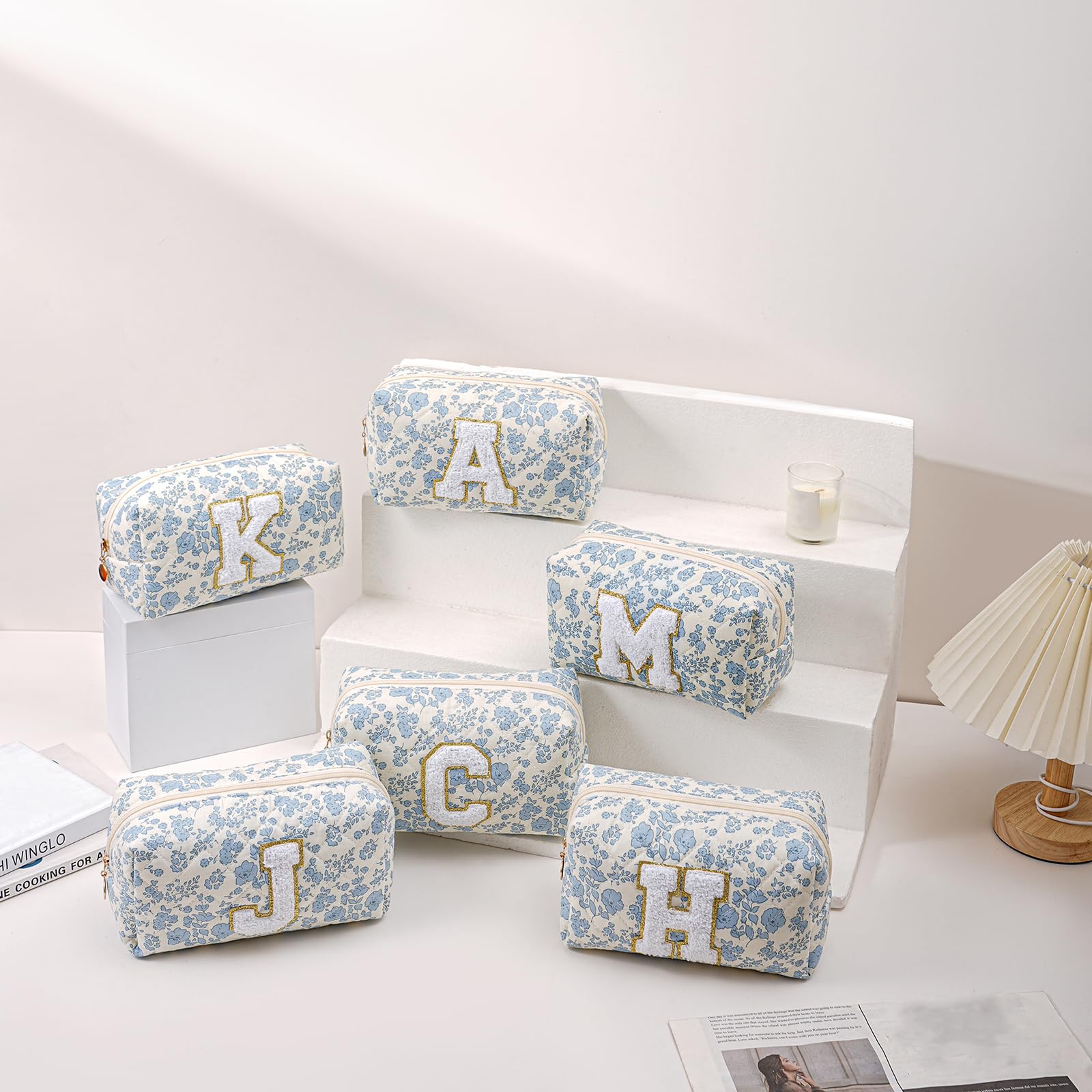 JOVAKIT Alphabet makeup bag blue floral zipper close keeping items secure on trips