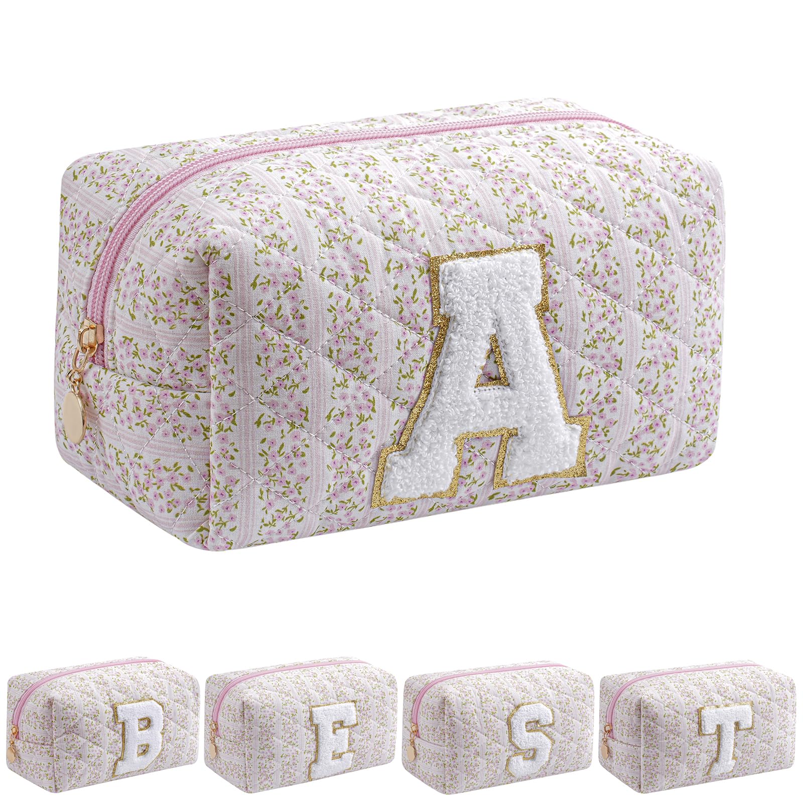 JOVAKIT alphabet makeup bag front view in pink floral design for stylish daily use